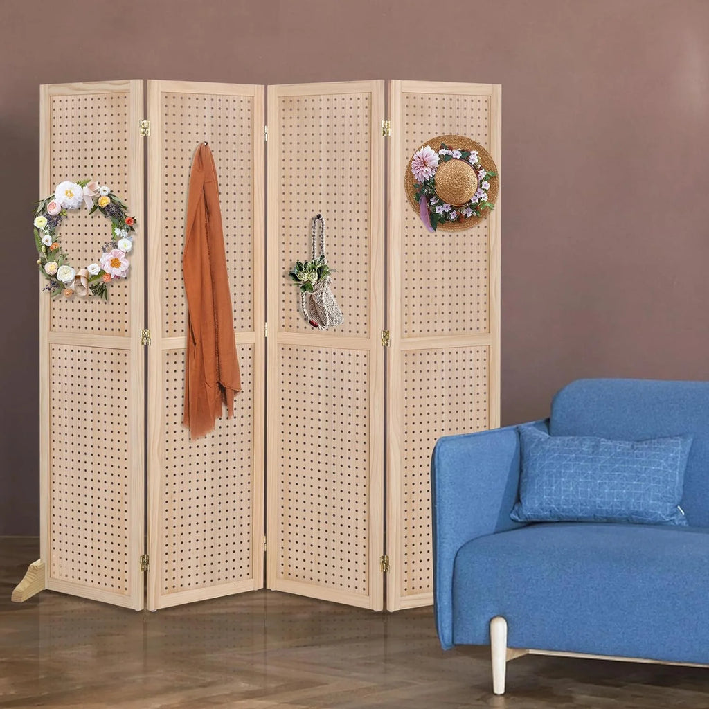 Bonnlo 4 Panel Pegboard Freestanding, 5 FT Portable Display for Craft Show Jewelry, Wooden Folding Room Divider