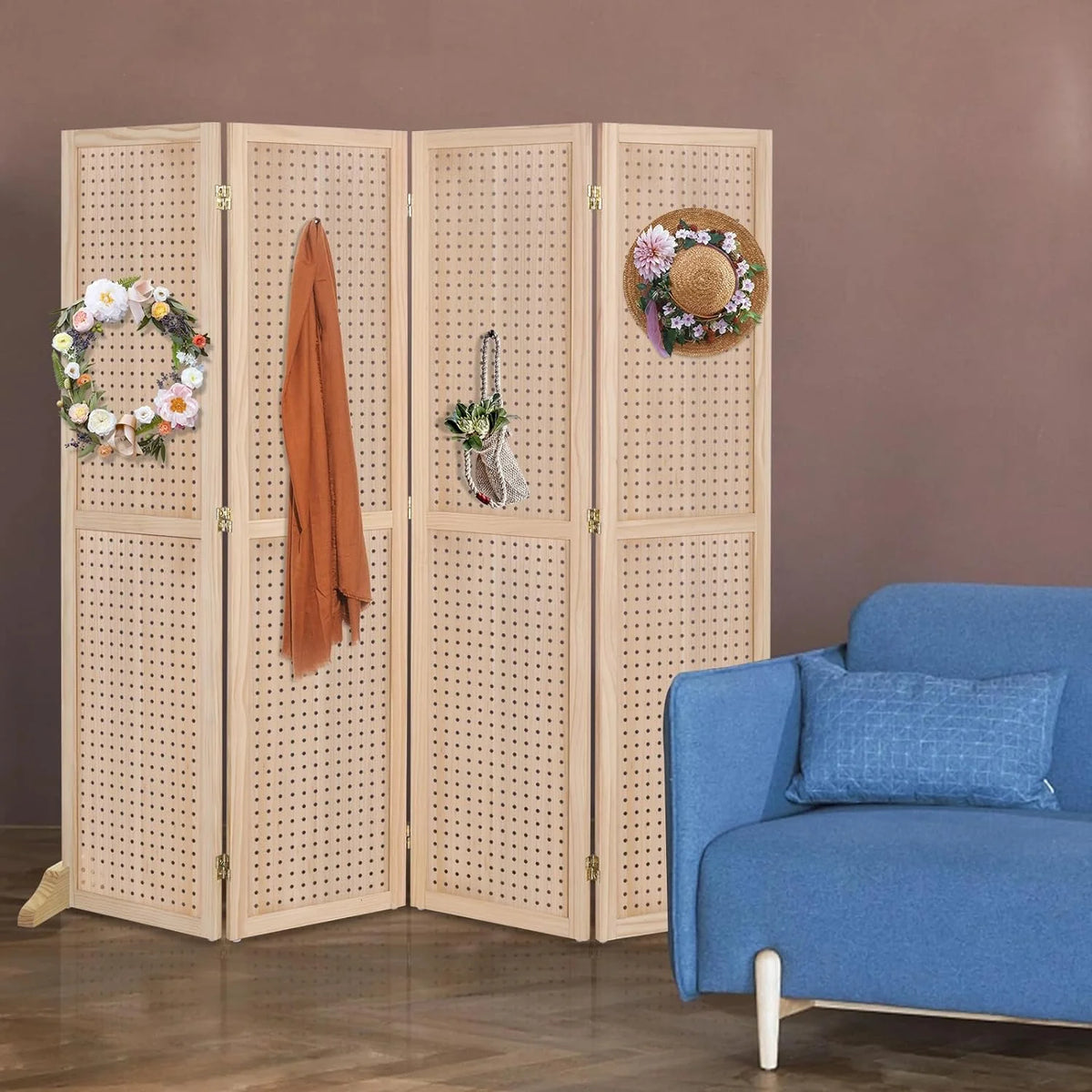 Bonnlo 4 Panel Pegboard Freestanding, 5 FT Portable Display for Craft Show Jewelry, Wooden Folding Room Divider