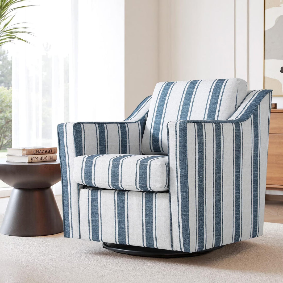 Swivel Accent Chair for Living Room, Modern Upholstered Barrel Arm Chair with Plump Back Pillow, Comfy Club Sofa Reading Chair for Adults (Chenille Navy, Set of 1)