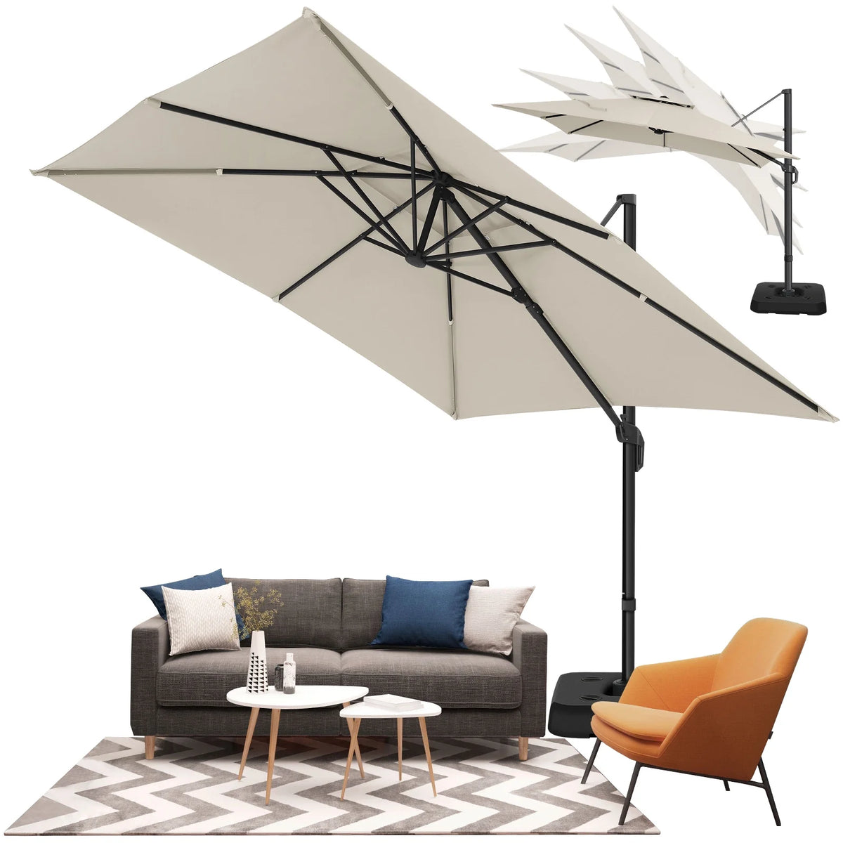 HOTEEL 10 Ft Patio Umbrella Outdoor Cantilever Square Umbrella Aluminum Offset Umbrella with Base, 360° Rotation，Gray