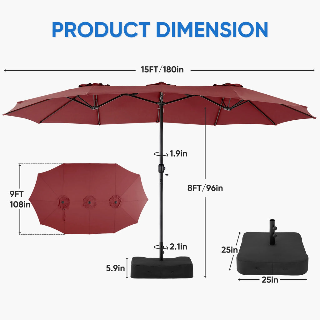 edx 15ft Patio Umbrellas (Base Included), Large Outdoor Double-Sided Rectangle Market Umbrella with Stand for Poolside, Lawn, and Backyard, Navy Blue