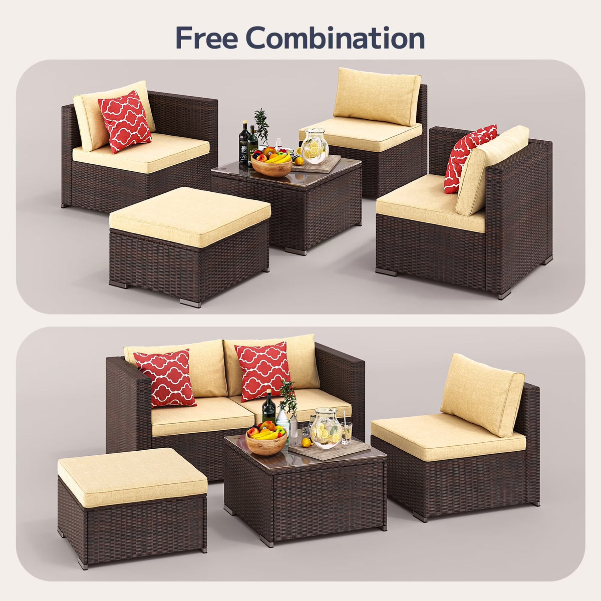 7 Piece Outdoor Patio Furniture Set, Asofer Rattan Wicker Outdoor Conversation Sectional Sofa Set, Gray
