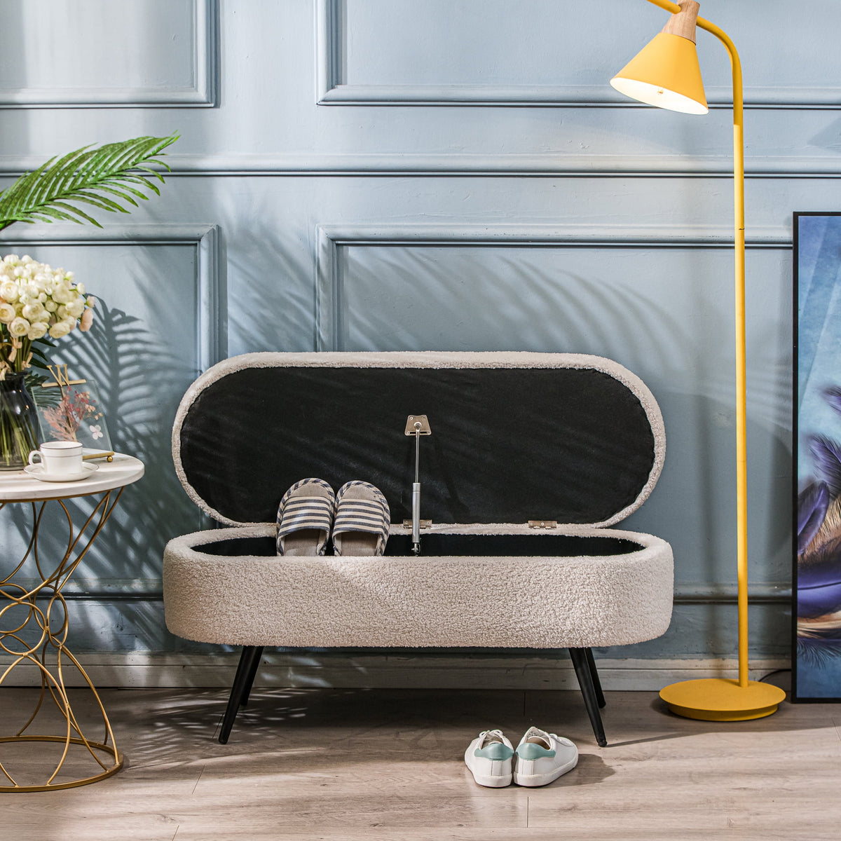 Metal and White Boucle Storage Bench Modern Design Style Entryway