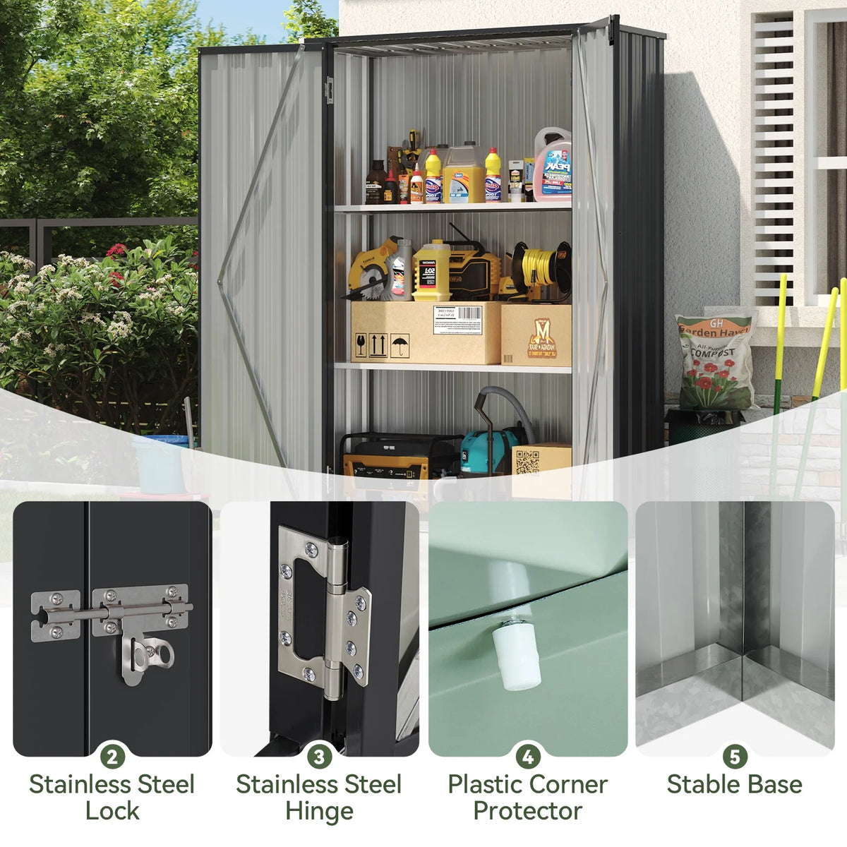 Aoxun 4.5x1.5 ft. Black Metal Storage Shed with 2 Shelves, Outdoor Waterproof Cabinet
