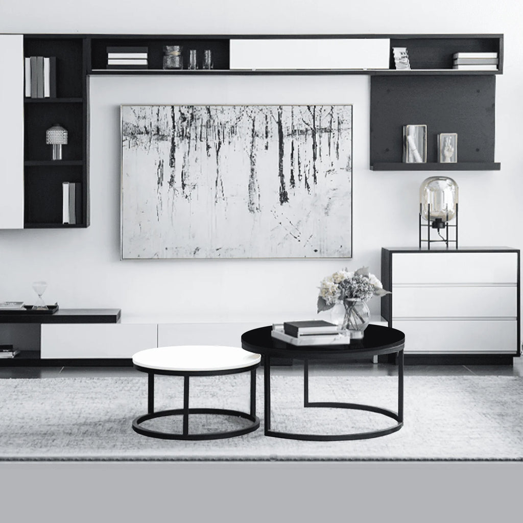 2 Round Tea Table Coffee Table Desk Sets | Black & White - Twin Sets Multi Function Wood & Steel Living Room Home Decor Polished Surface Overlapping Ending Tables Cocktail Table