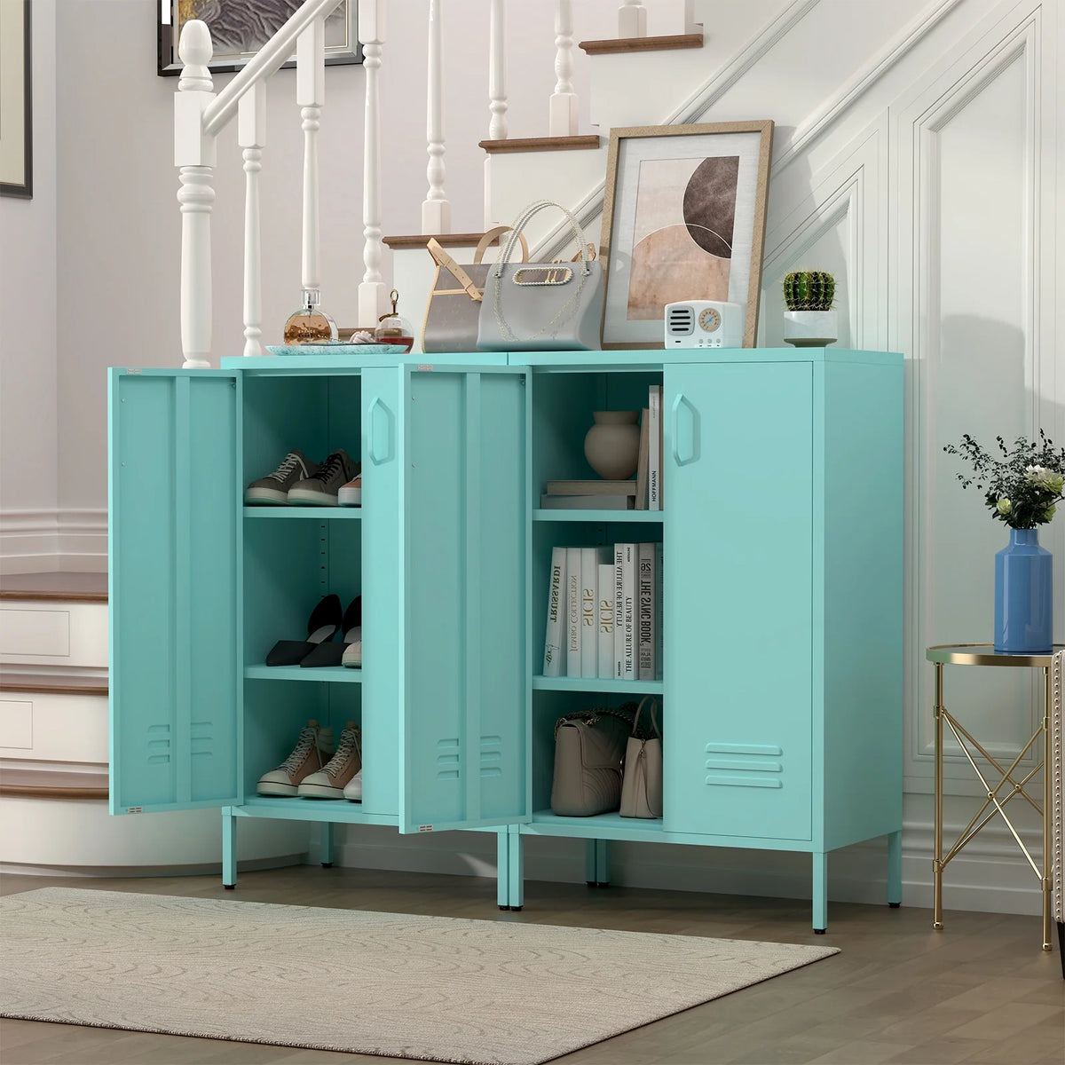 Marcree Green Metal Cabinet,2 Door Accent Cabinet,Metal Locker Cabinet with Legs,Sideboard Cabinet with Adjustable Shelves,Locker Storage Cabinet for Living Room,Entryway
