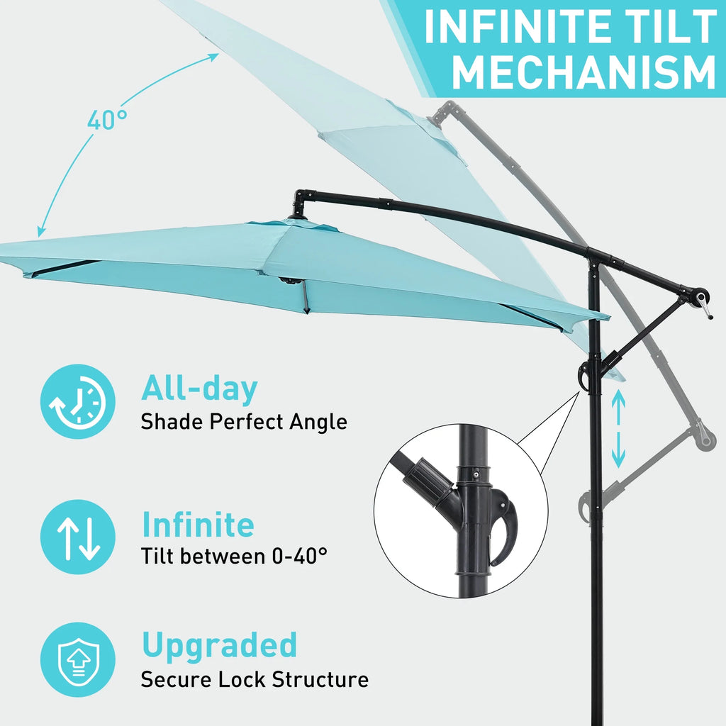 Ainfox 10ft Cantilever Patio Umbrella with Lights, Offset Market Umbrella with Sandbags Weighted Base and Cross Base,Khaki