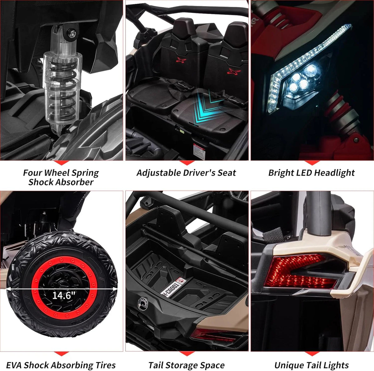EastVita 2 Seats Ride on Ride on Car 200W Motors UTV,with Remote Control 23" Seats Width Electric Vehicle, EVA Wheels,Music,Head+Tail Light