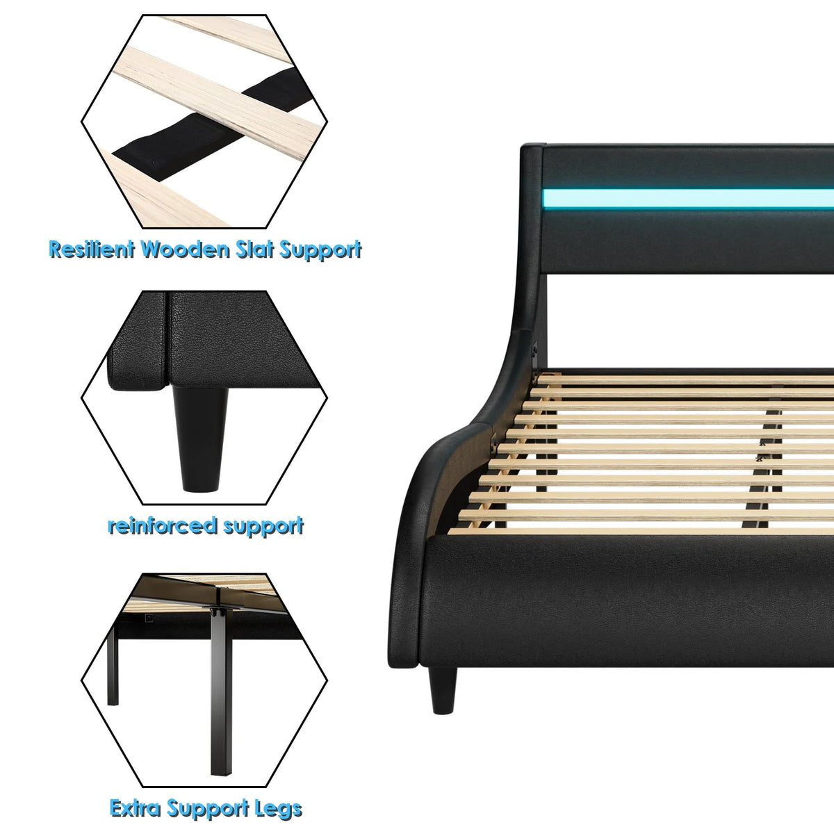 Homfa Full LED Bed, 16 Colors LED Lights Platform Bed Frame with Adjustable Upholstered Headboard, Black