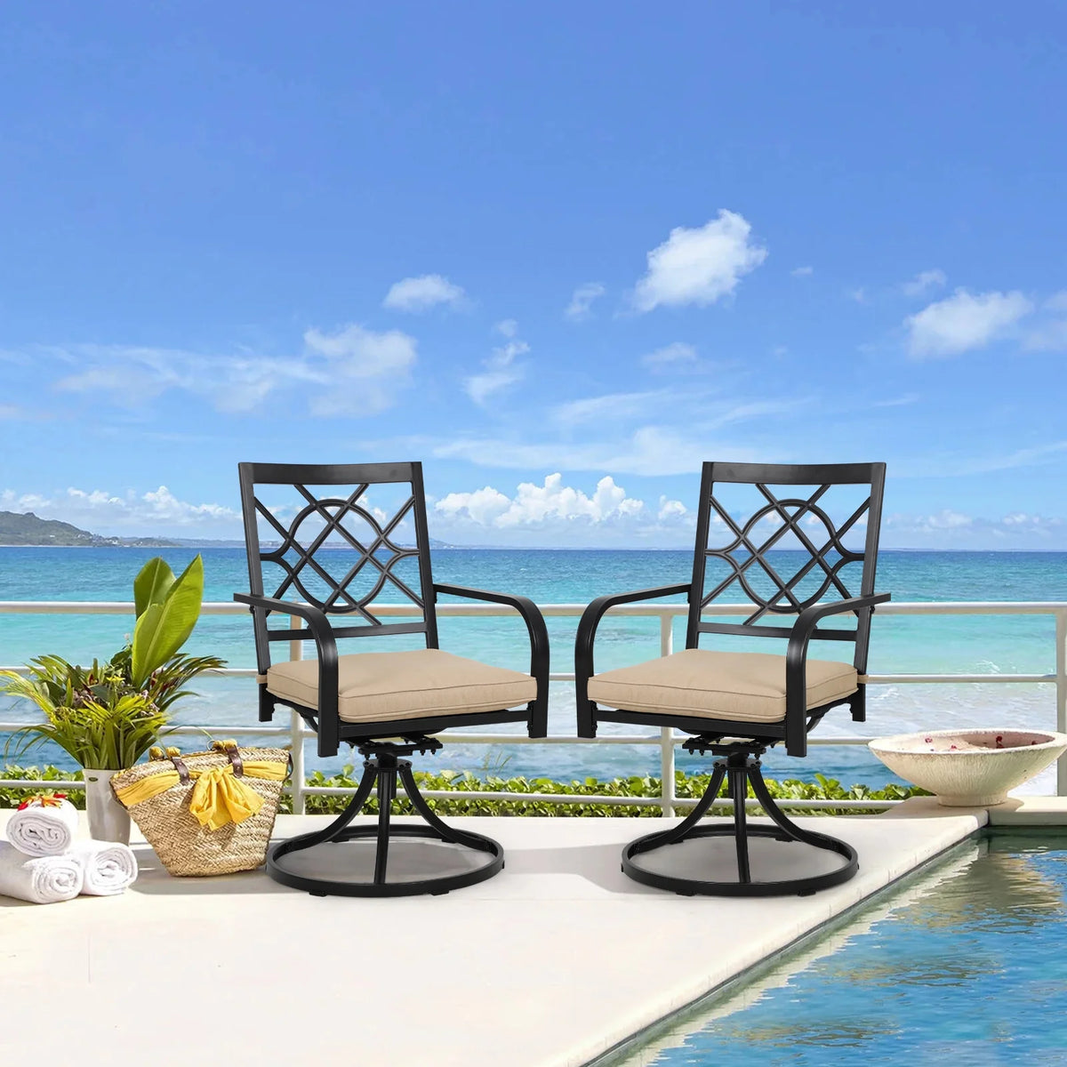 SUNCROWN 5-Piece Outdoor Wrought Iron Chairs and Table Patio Dining Furniture Set - 4 Stackable Metal Chairs, 1 Steel Slat Bistro Table and 1 Sky Blue 9Ft Patio Umbrella for Garden Backyard Deck