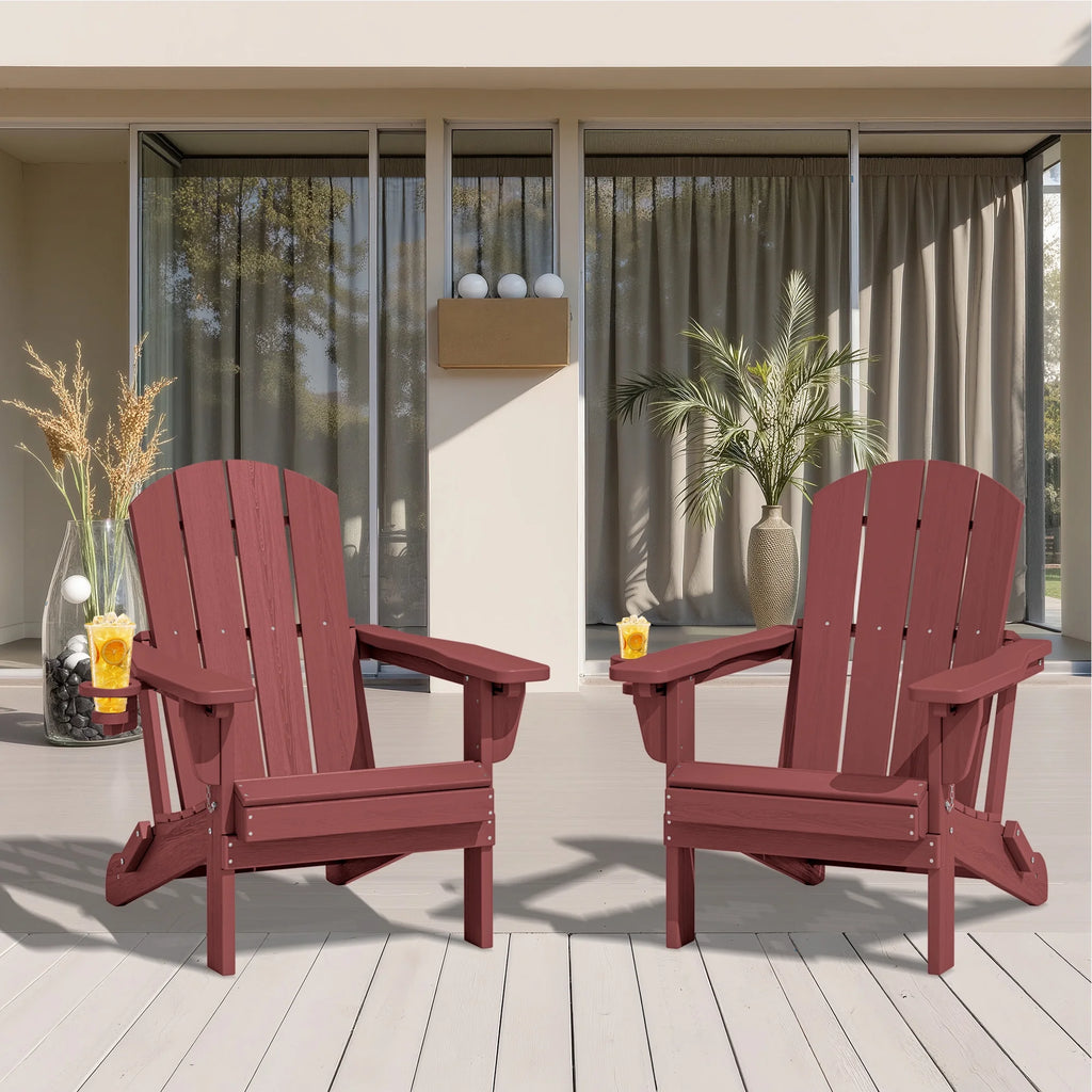 SERWALL Outdoor Adjustable Folding HDPE Adirondack Chairs Set of 2 with Cup Holder, Gray