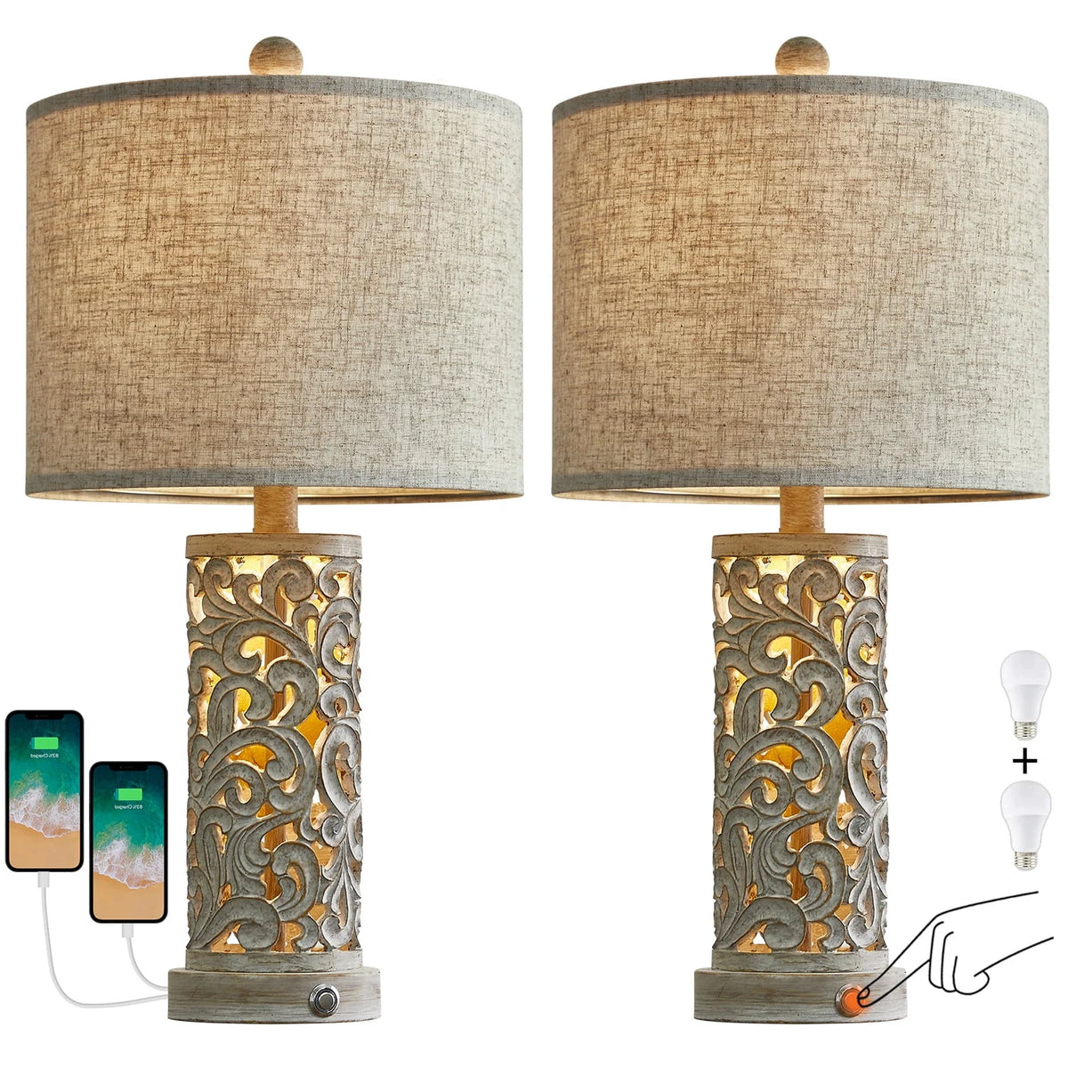Oneach 3 Way Dimmable Touch Table Lamps for Living Room Bedroom Set of 2 Bedside Lamps with USB Ports 21" Retro Farmhouse Nightstands Lamp Resin(Bulbs)