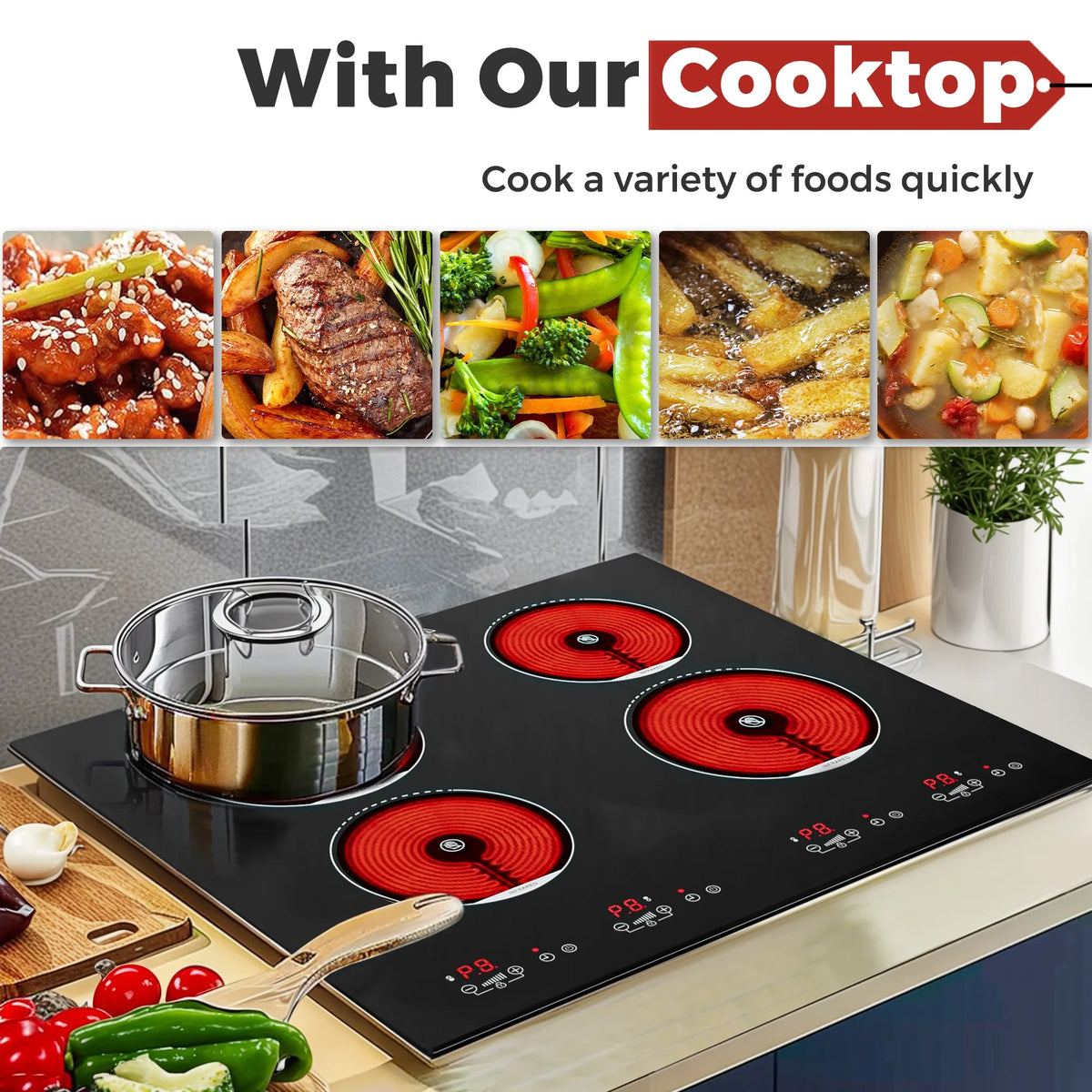 Advwin  4 Burner Electric Stove Top 24 Inch Built-in Electric Stove Top,6000W Electric Ceramic Cooktop with 4H Timer, Kid Safety Lock and Knob Control, 9 Heating Level,220v(No Plug)