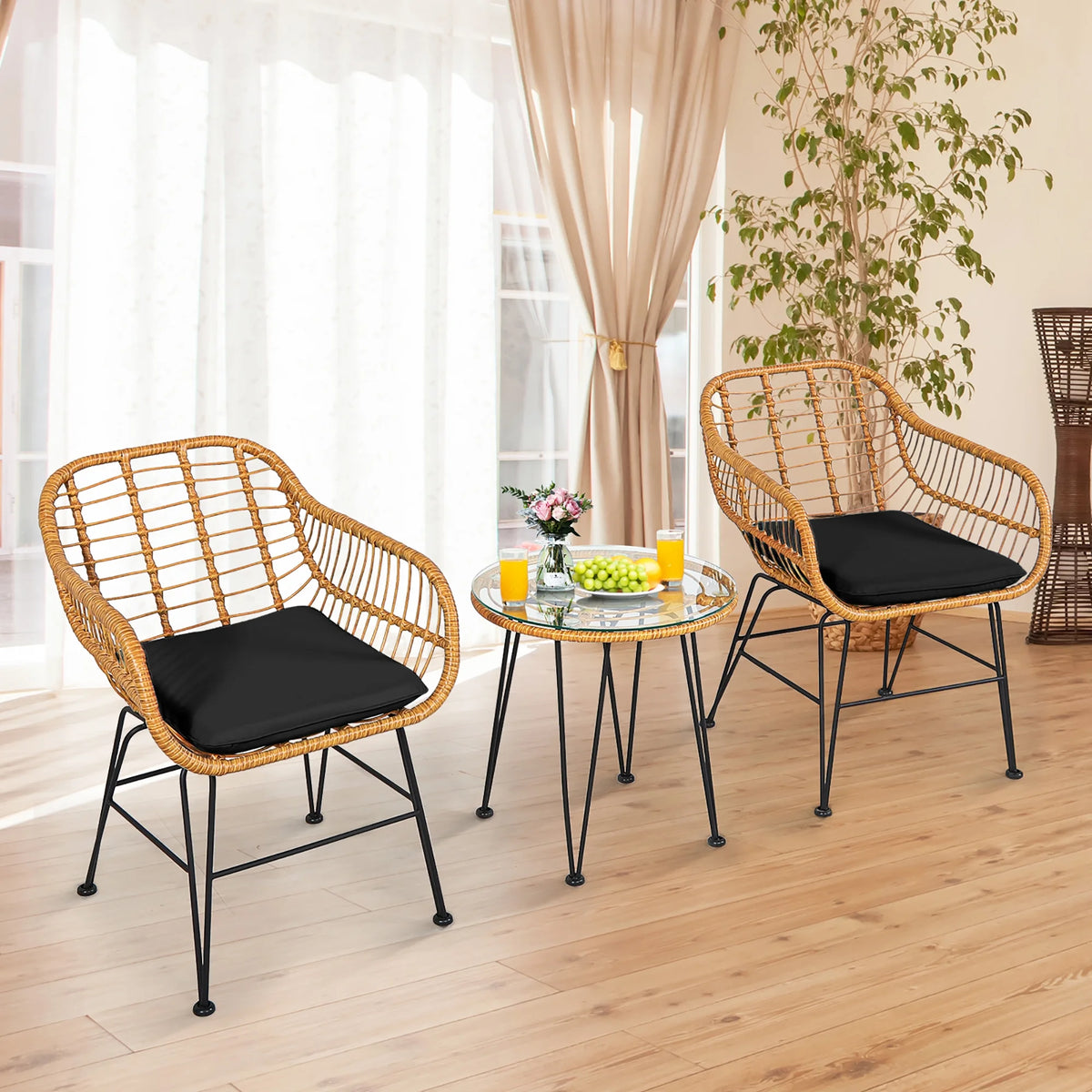Costway 3PCS Patio Rattan Bistro Furniture Set Cushioned Chair Table Navy