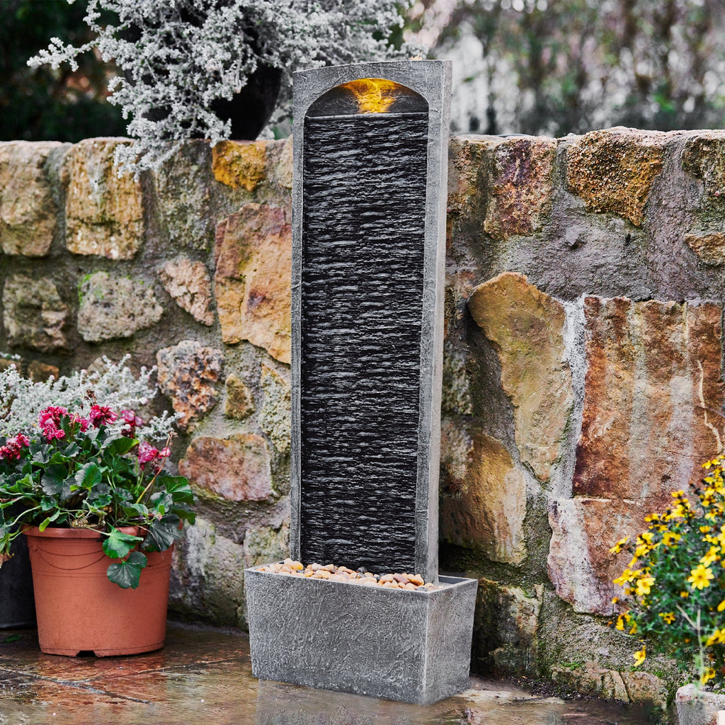 Teamson Home 38.5" Faux Slate Contemporary Outdoor LED Waterfall Fountain with Pebble Base, Red Rock