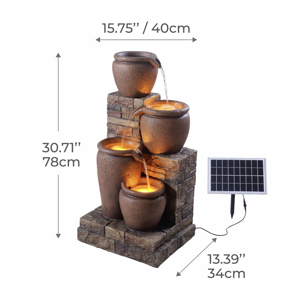 Teamson Home 30.71" 4-Tier Cascading Bowl Solar Powered Water Fountain for Outdoor Living Spaces, Terracotta