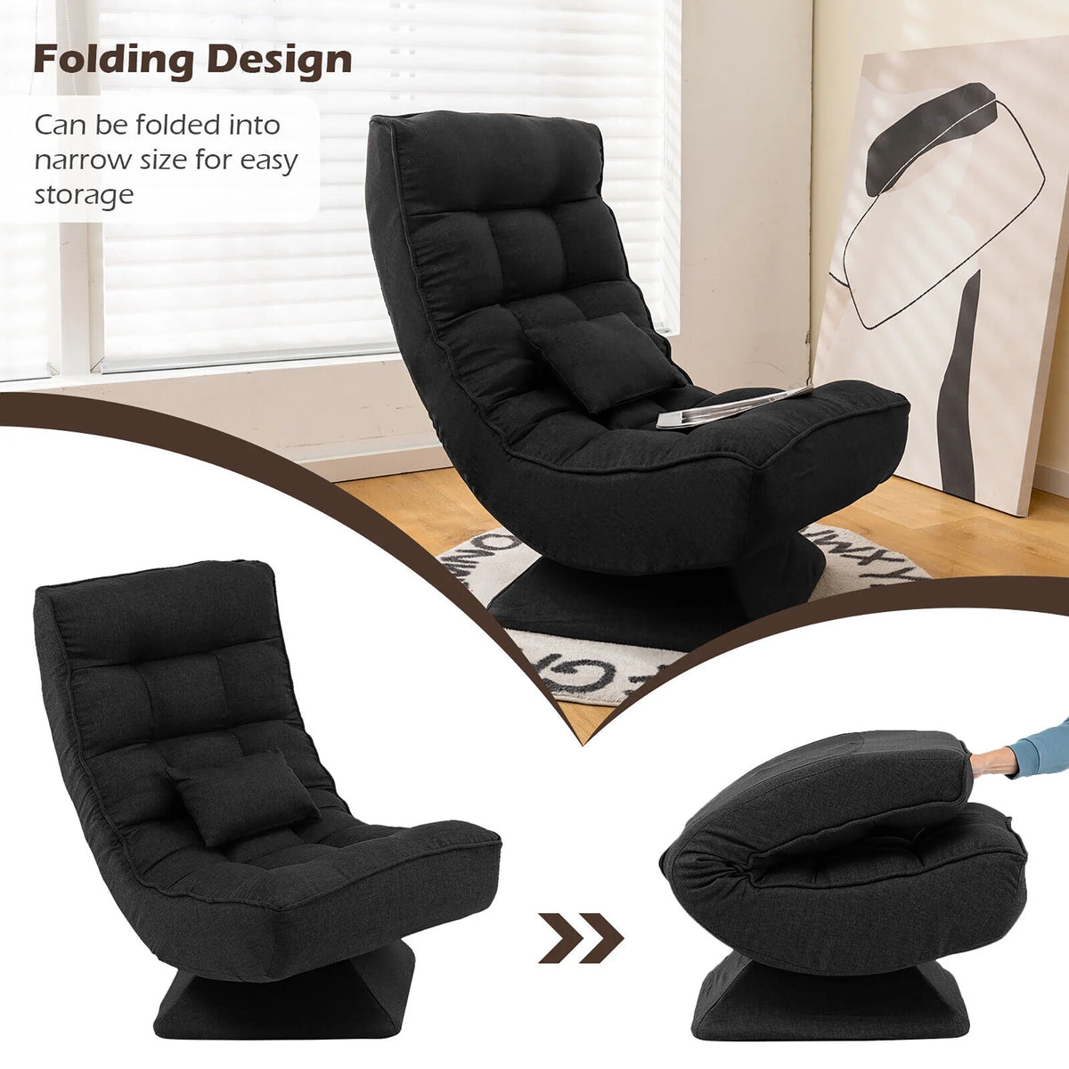 Costway 360 Swivel Floor Chair 5-Level Adjustable Lazy Chair w/ Massage Pillow Black