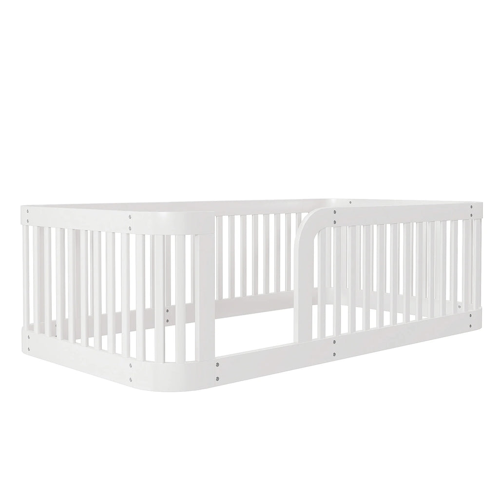 Euroco Twin Size Floor Bed with Fence for Kids Teens and Toddlers, White