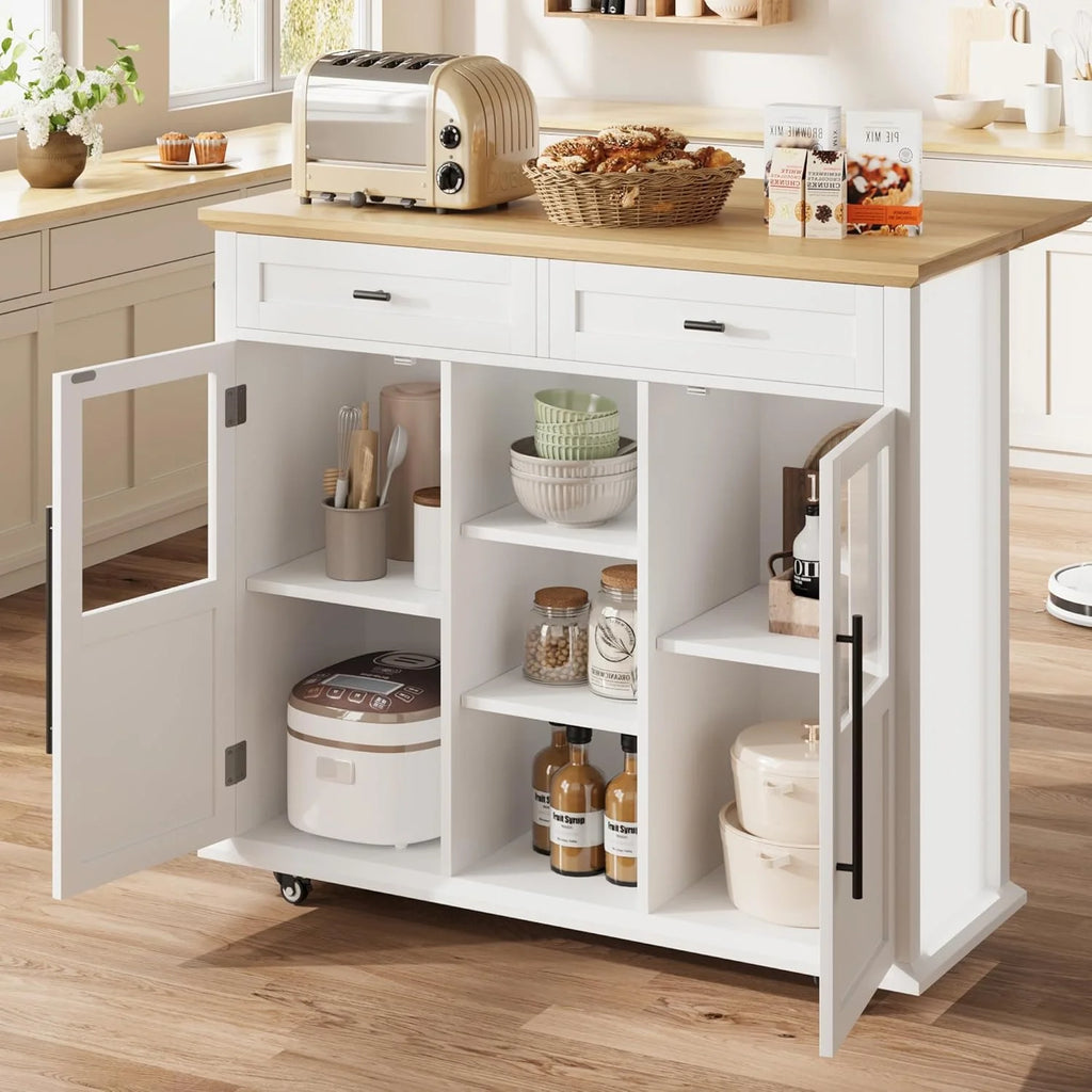 WALYWIK Foldable Kitchen Island Cart with Wheels, 2 Glass Doors, Spice Rack & Towel Holder Compact Mobile Storage Cart for Small Kitchens, Dining Rooms, Camping & RVs - Grey