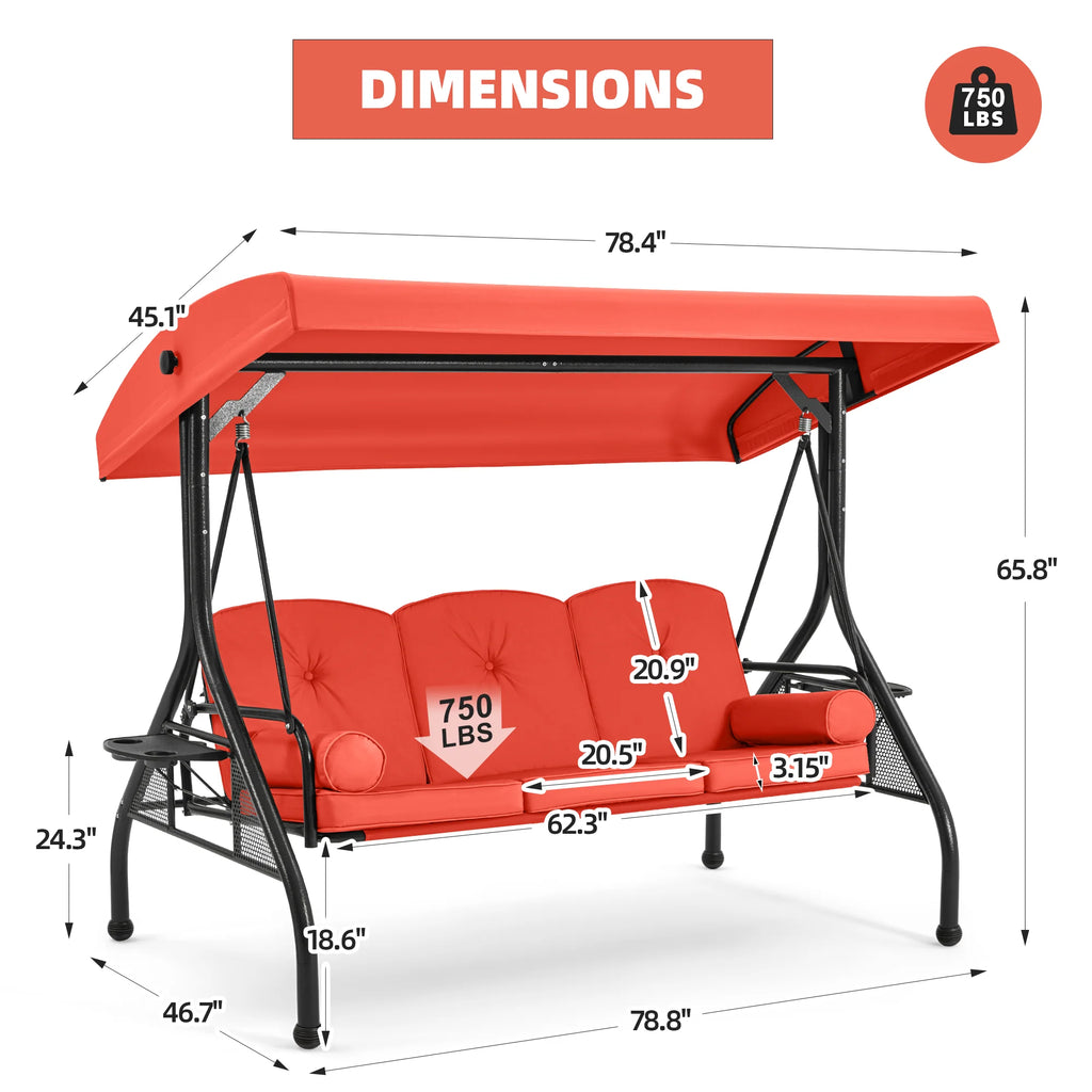 Homrest 3 Seat Outdoor Porch Swing with Adjustable Canopy, Cushions, and Cup Holder - Wine Red