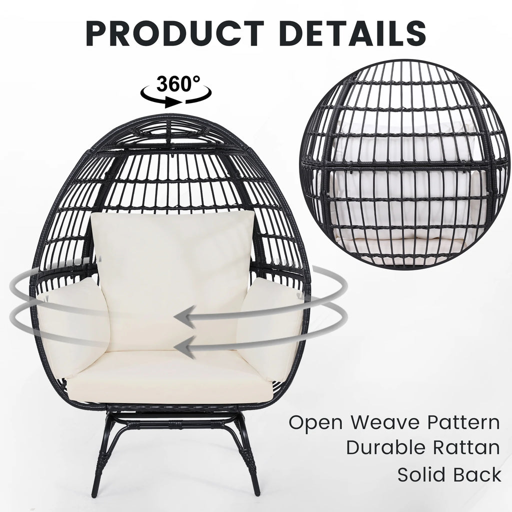 Skandiquip Oversized Rattan Adult Egg Chair, 360 Swivel, Outdoor Patio Chair with overstuffed Cushions, Indoor Large Wicker Egg Chair, Natural Rattan, Beige Cushion