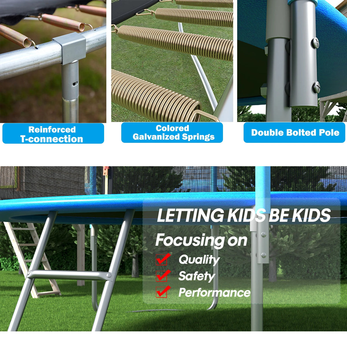 Trampoline Outdoor, 14FT Kids Trampoline with Enclosure Net and Ladder, Upgrade All-Weather Round Trampoline Curved Design with 5 Heavy-Duty Steel Legs