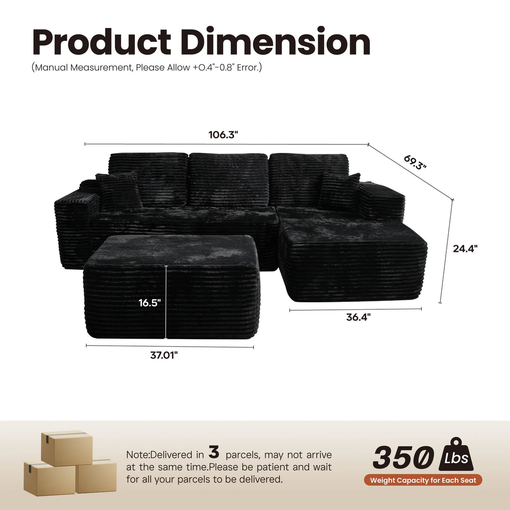 Ovios 106" L-Shaped Sectional Sofa Modern Modular Cloud Couch with Deep Seating Upholstered Sofa for Living Room Bedroom, No Assembly Required, Black(Corduroy)