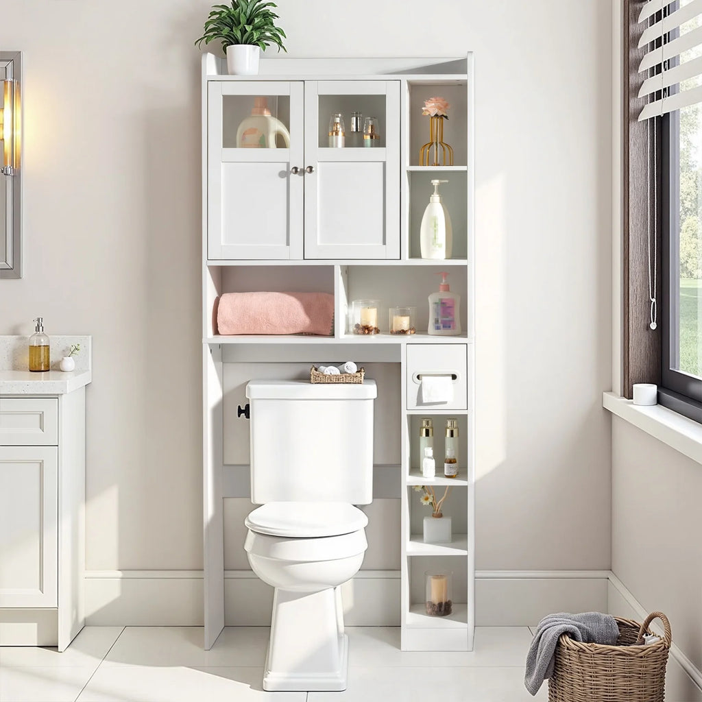 Ktaxon Over the Toilet Bathroom Storage Cabinet with 2 Doors & 3 Storage Shelves Space Saver, White
