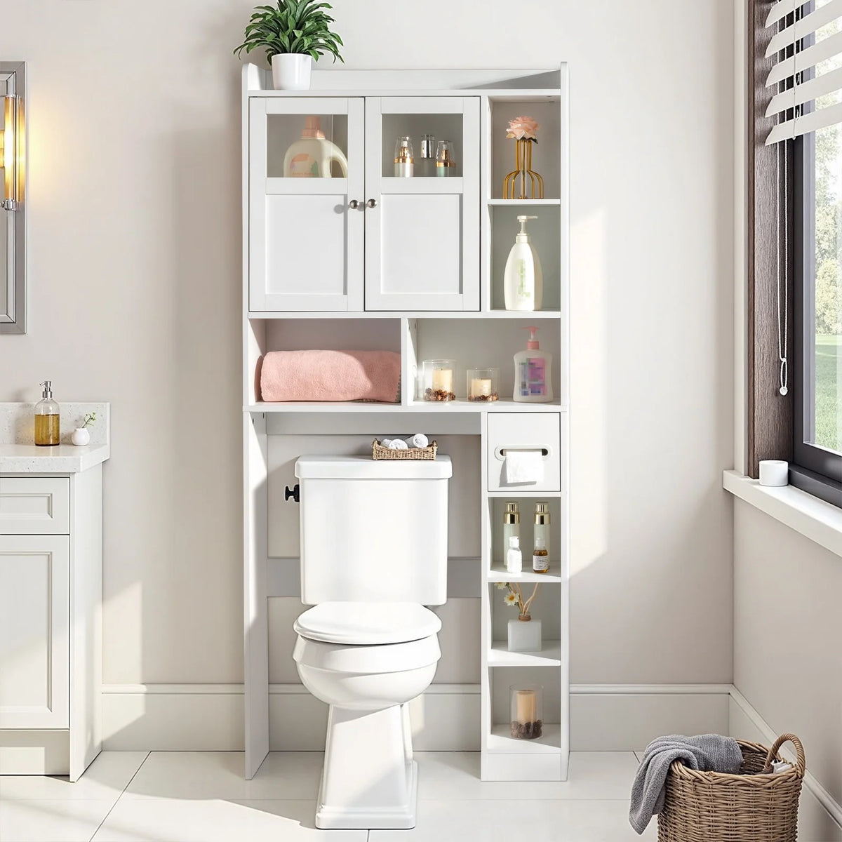 Ktaxon Over the Toilet Bathroom Storage Cabinet with 2 Doors & 3 Storage Shelves Space Saver, White