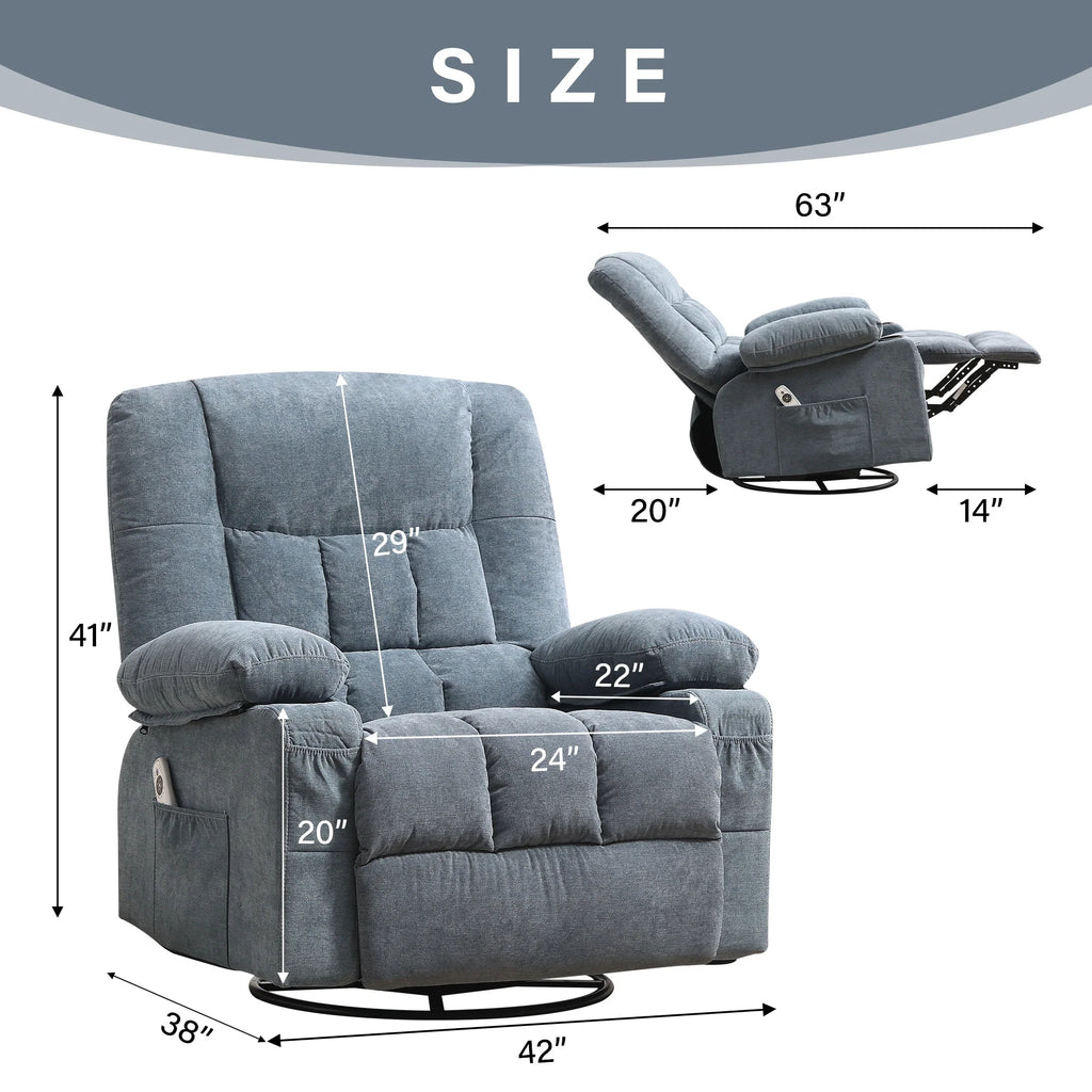 JONPONY Massage Swivel Rocker Recliner Chair with Vibration Massage and Heat Ergonomic Lounge Chair for Living Room with Rocking Function and Side Pocket, 2 Cup Holders, USB Charge Port,Grey
