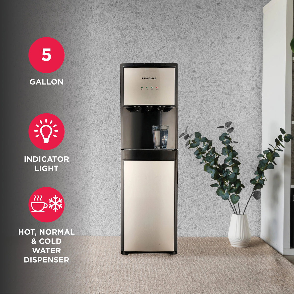 Frigidaire, 5 Gallon Bottom Loading Hot and Cold Water Dispenser EFWC505, Stainless Steel