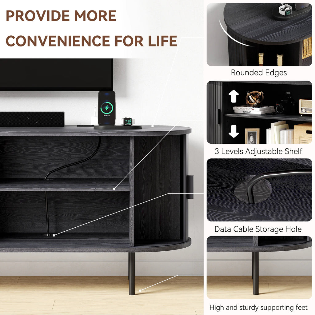 MARNUR 63" TV Stand for 70" TV, Wood Entertainment Center with Storage and Shelves, 2 Sliding Tambour Doors, Mid-Century Modern, Walnut