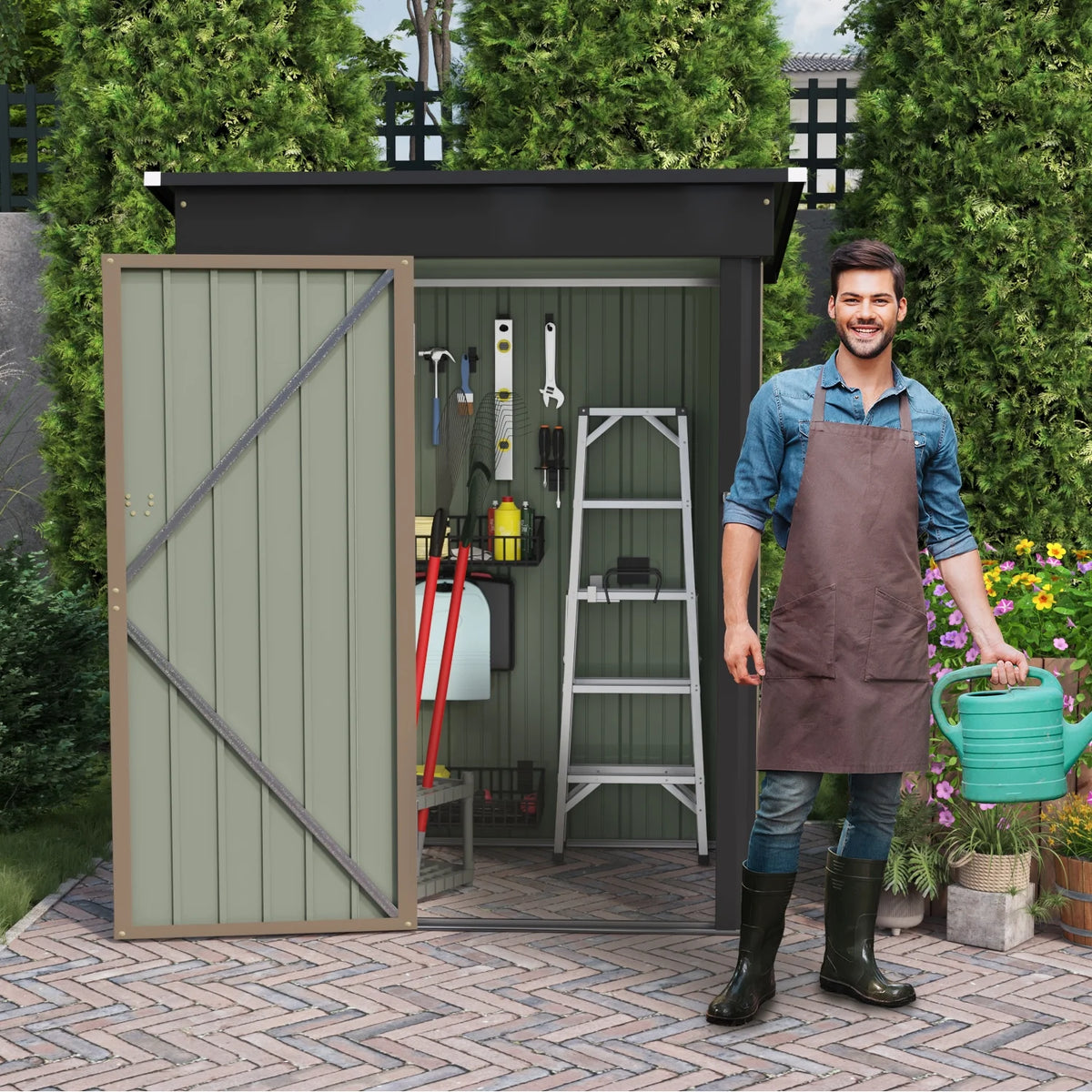 LACOO 4' x 6' Outdoor Storage Metal Shed for Tool Storage, Outdoor House for Backyard & Garden,Brown