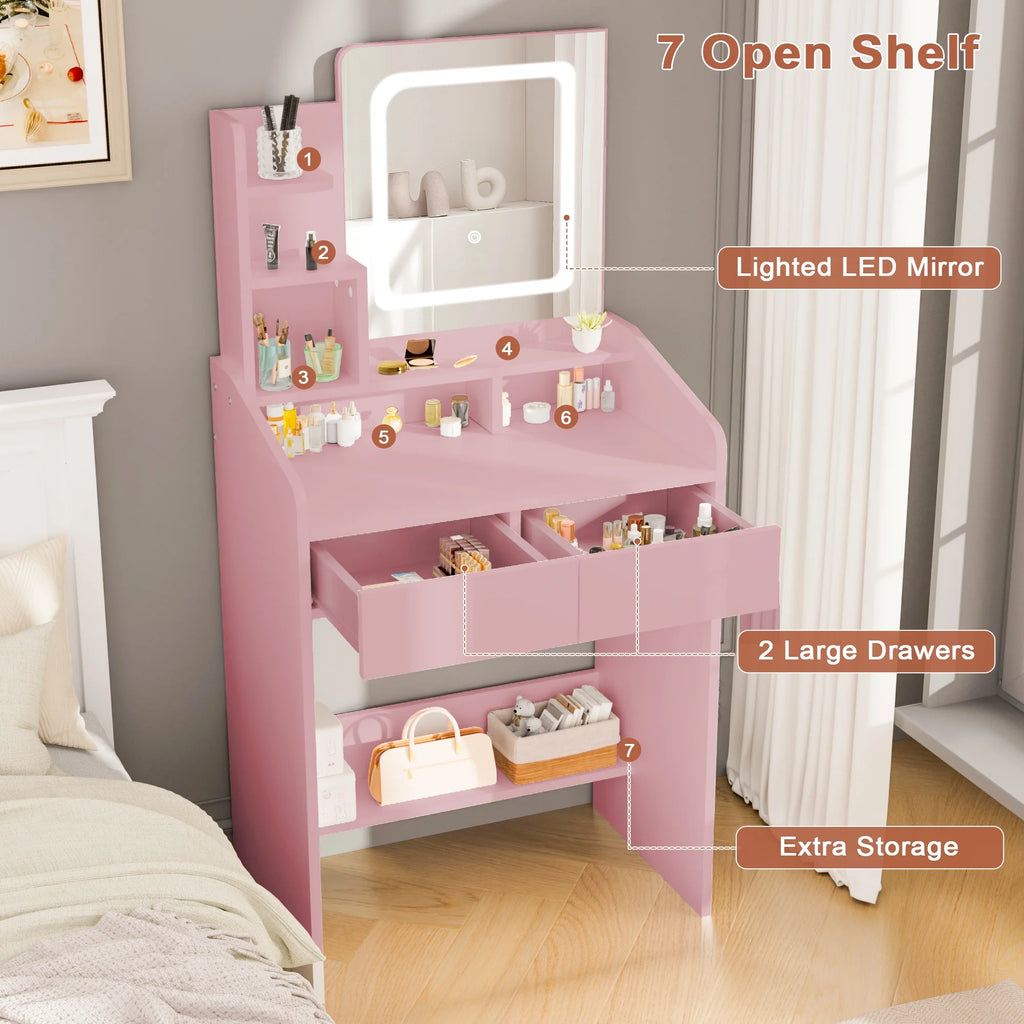 LIVELYGLOW Vanity Desk Set with Square Mirror and Light- Small Vanity Table with Drawers- White