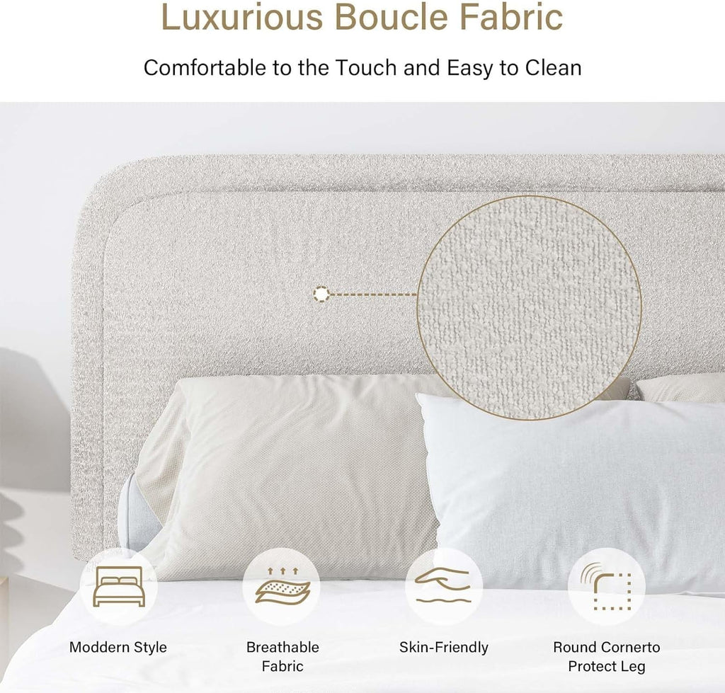 4 EVER WINNER Twin Size Bed Frame, Modern Bed Frame with Headboard, Boucle Fabric Upholstered Bed Frame, Soft Curved Headboard, Cream