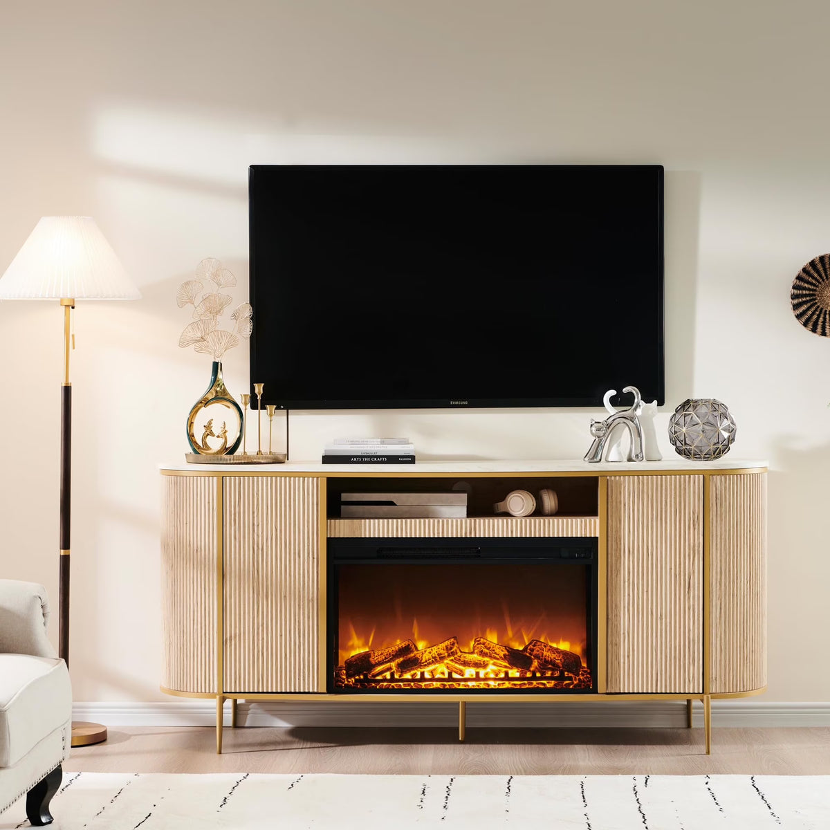 OKD Luxury Fireplace TV Stand for TVs Up to 80 inches, 70" Modern Fluted Entertainment Center with Electric Fireplace, Media Console TV Stand for Living Room,Natural Oak