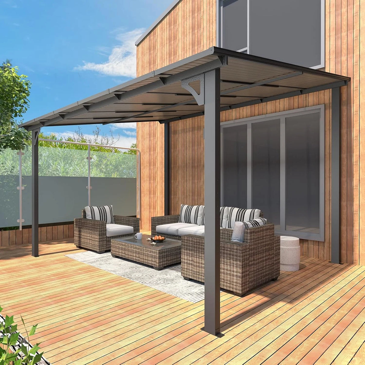 12' x 14' Outdoor Pergola Gazebo, Wall-Mounted Lean to Metal Awnings Gazebos on Clearance for Patio, Large Panel Roof Pergolas and Gazebo for Outdoor Use