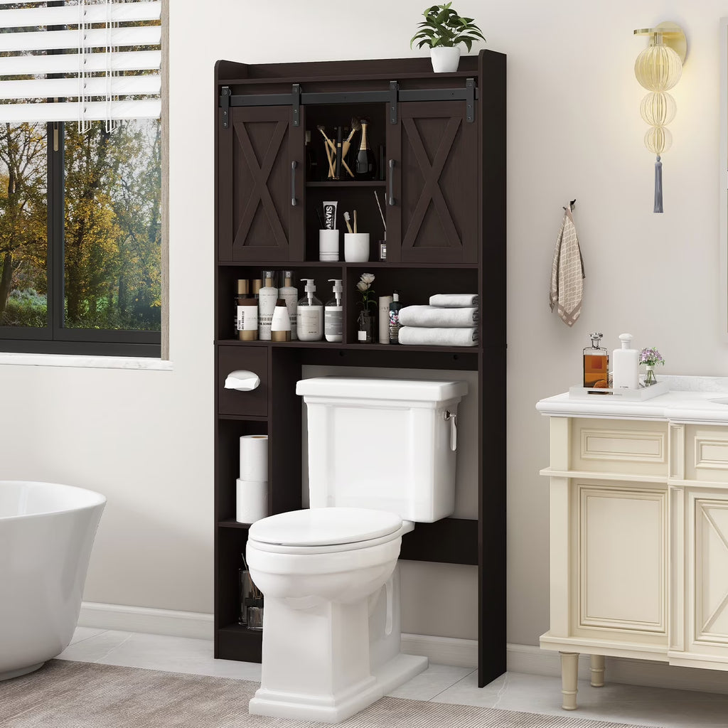 Over The Toilet Storage Cabinet, Farmhouse Storage Cabinet Over Toilet with Sliding Doors Home Space-Saving Toilet Rack, for Bathroom, Restroom, Laundry
