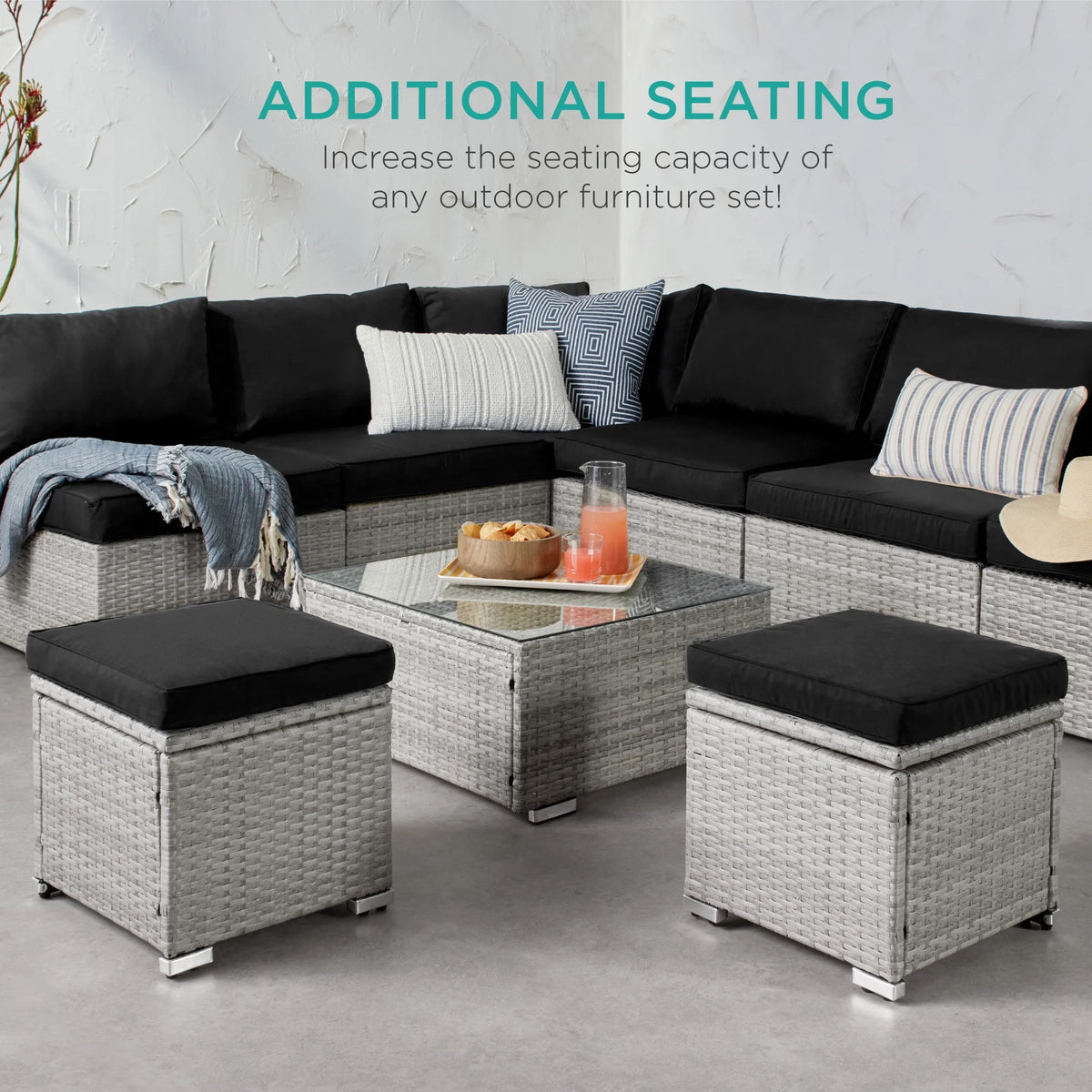 Best Choice Products Set of 2 Wicker Ottomans, Multipurpose Furniture w/ Removable Cushions - Brown/Beige