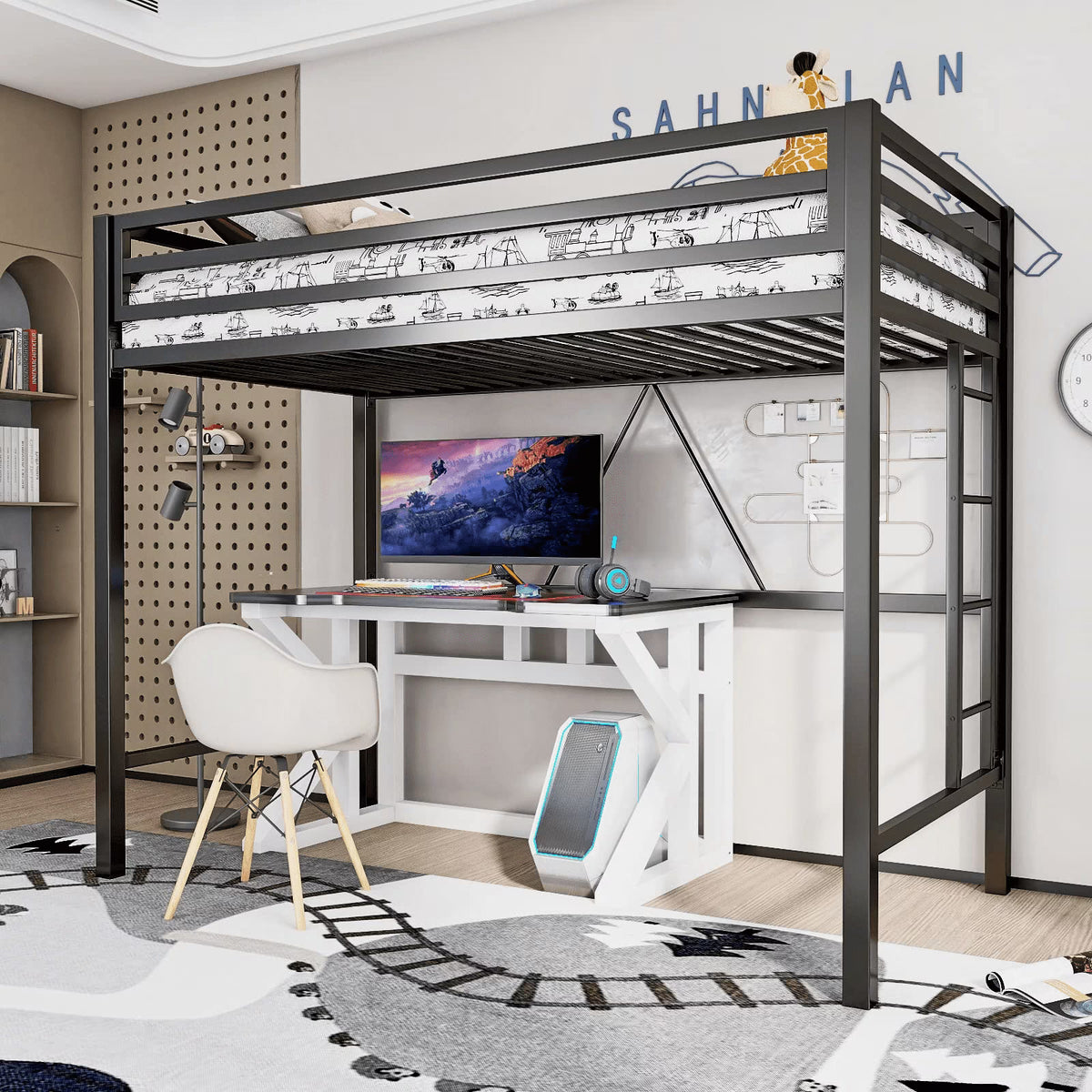 Einfach Metal Twin Size Loft Bed with Removable Ladder & Full-Length Guardrail, White