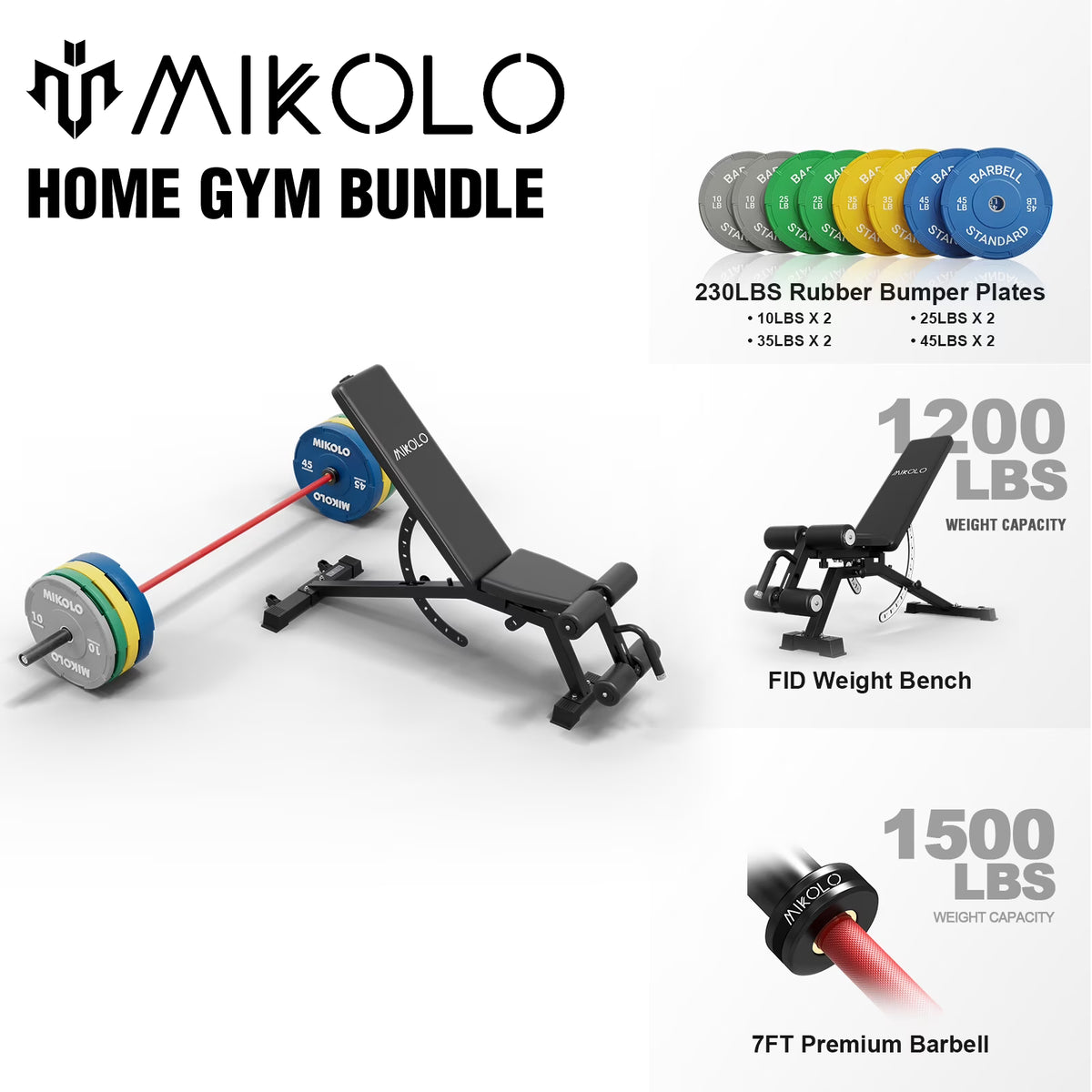 Mikolo 7ft Olympic Barbell, Barbell for Weightlifting and Powerlifting 45lb, Olympic Bar for 1500lbs Capacity, Weight Bar Fit 2 Standard Weights