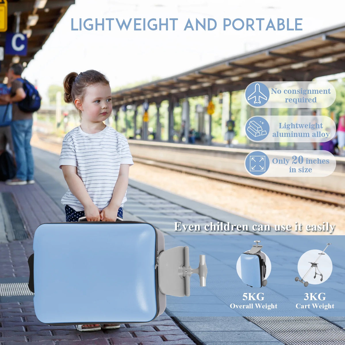 Fridtrip 20 Inch Hardside Carry on Luggage - 3-in-1 Kids Ride-on Suitcase with Spinner Wheels, Child Seat & Stroller Design, Lightweight Hard Shell Travel Luggage with Large Capacity for Family Trips