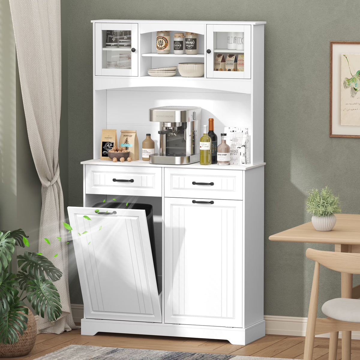 Double 13 Gallon Tilt Out Trash Can Cabinet with Deodorizing Function and Power Outlet, 71" Tall Wooden Garbage Can Holder Cabinet with 2 Storage Hutch & 2 Drawers for Kitchen and Dining Room, White