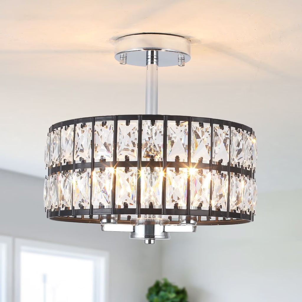 3-Light Crystal Semi Flush Mount Lights for Living Room Hallway French Gold