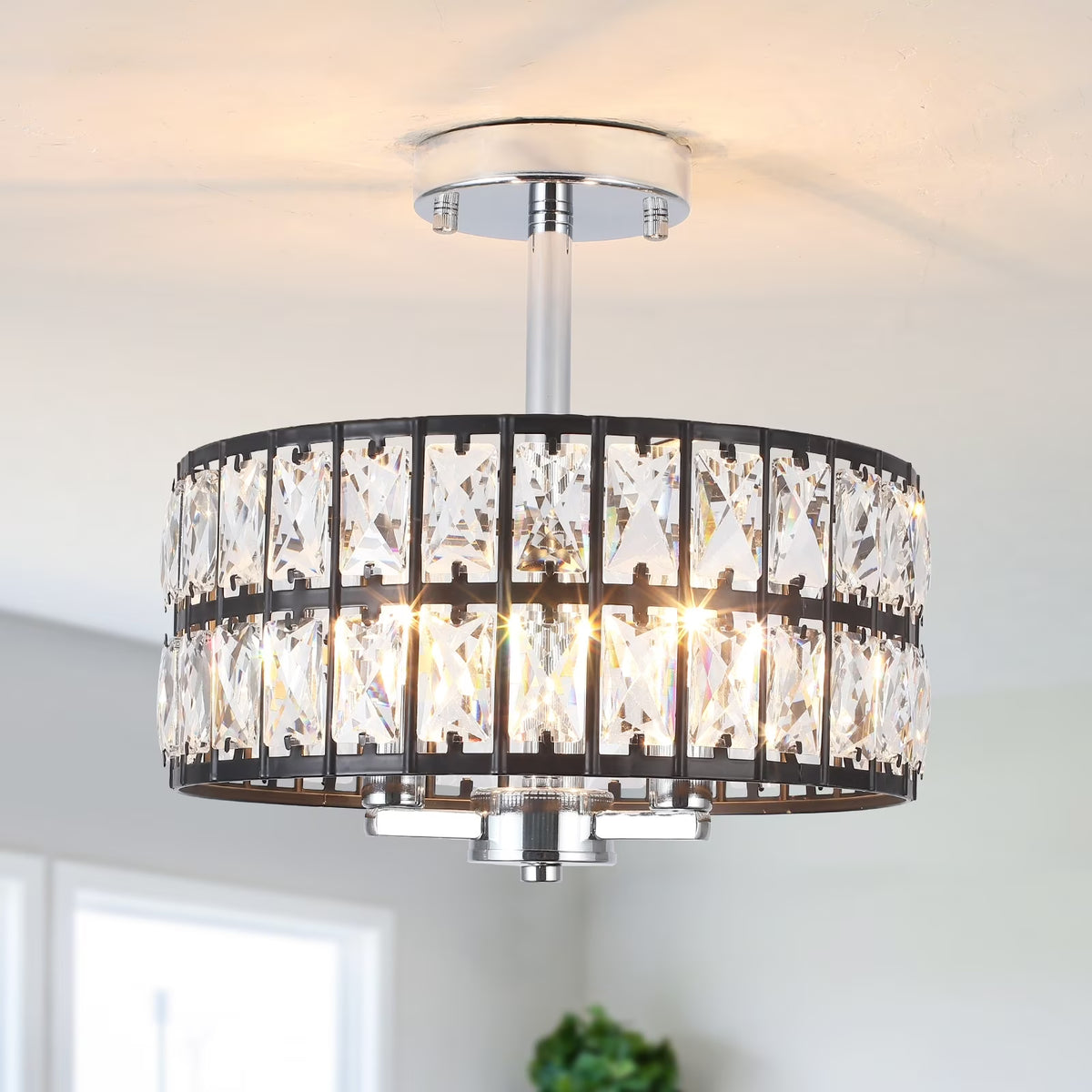 3-Light Crystal Semi Flush Mount Lights for Living Room Hallway French Gold
