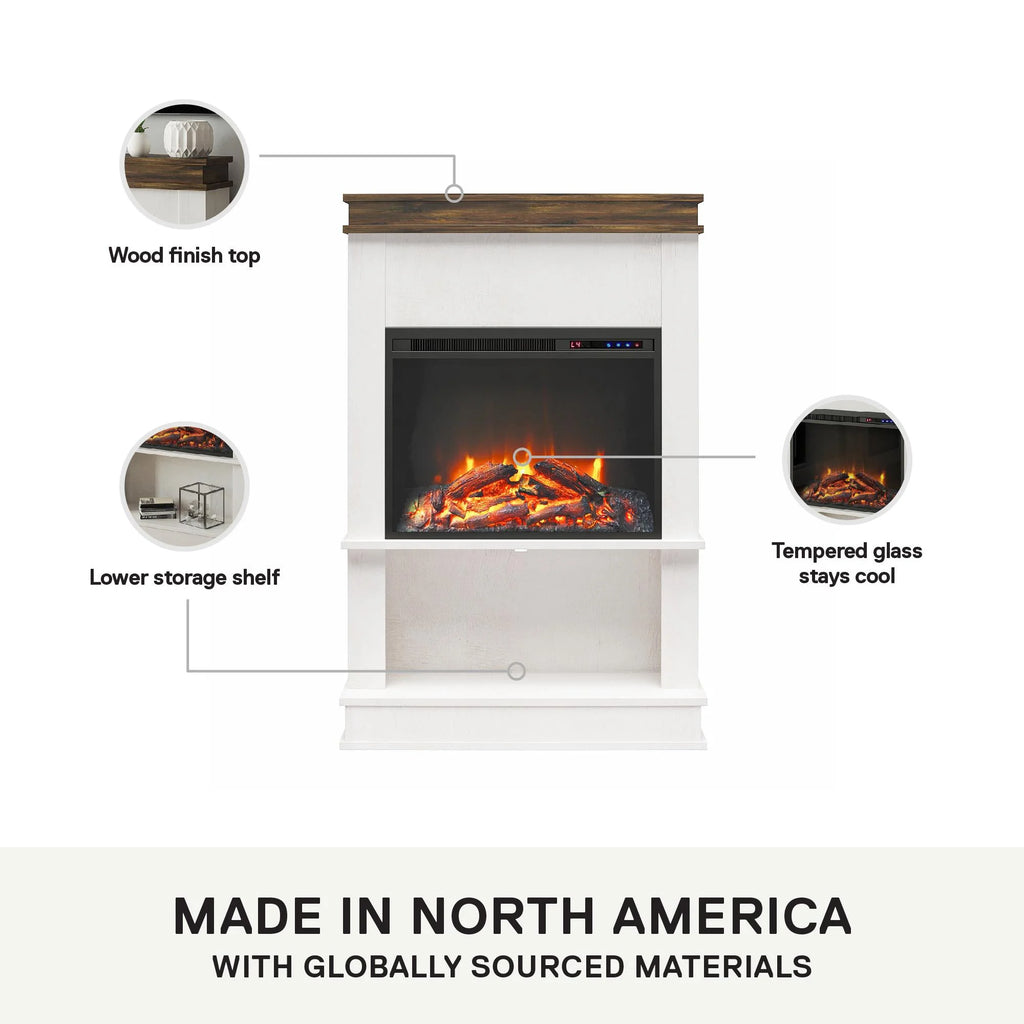 Mateo Electric Fireplace with Mantel and Open Shelf, Black with Natural