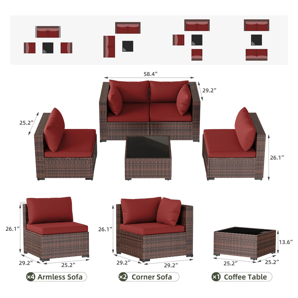 MRUAKA 8 Pieces Patio Furniture Set with Fire Pit Table, Outdoor Furniture Sectional Rattan Sofa with Slanted Back, Patio Couch with Glass Coffee Table for Backyard Garden (Dark Grey)