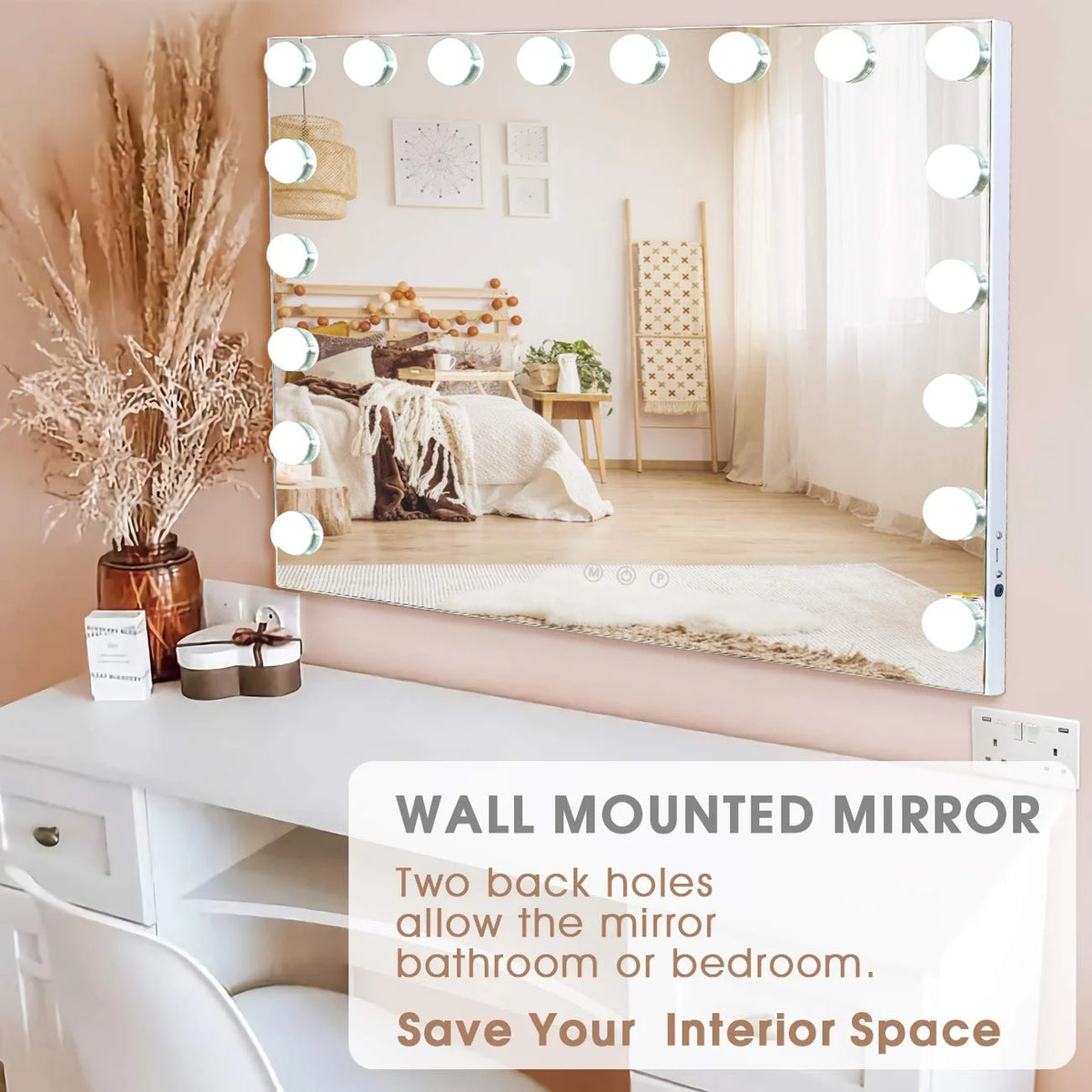 Fenchilin 32"x23" Vanity Mirror with Lights USB Charging Tabletop Wall Mount Metal White