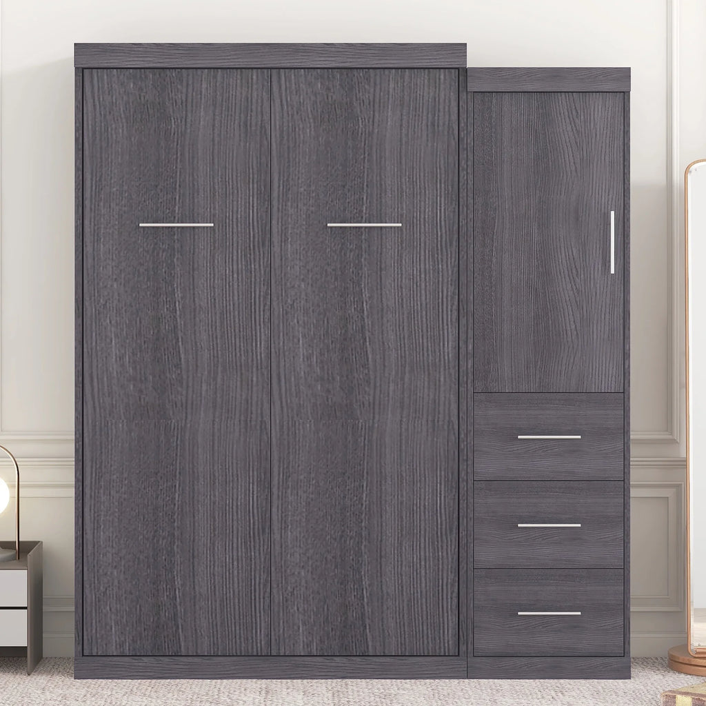 Euroco Wood Full Size Murphy Wall Bed with Wardrobe and Drawers for Living Room, Moveable Wardrobe and Drawers, Space-Saving & Easy Open and Close for Kids Teens Adults, Gray