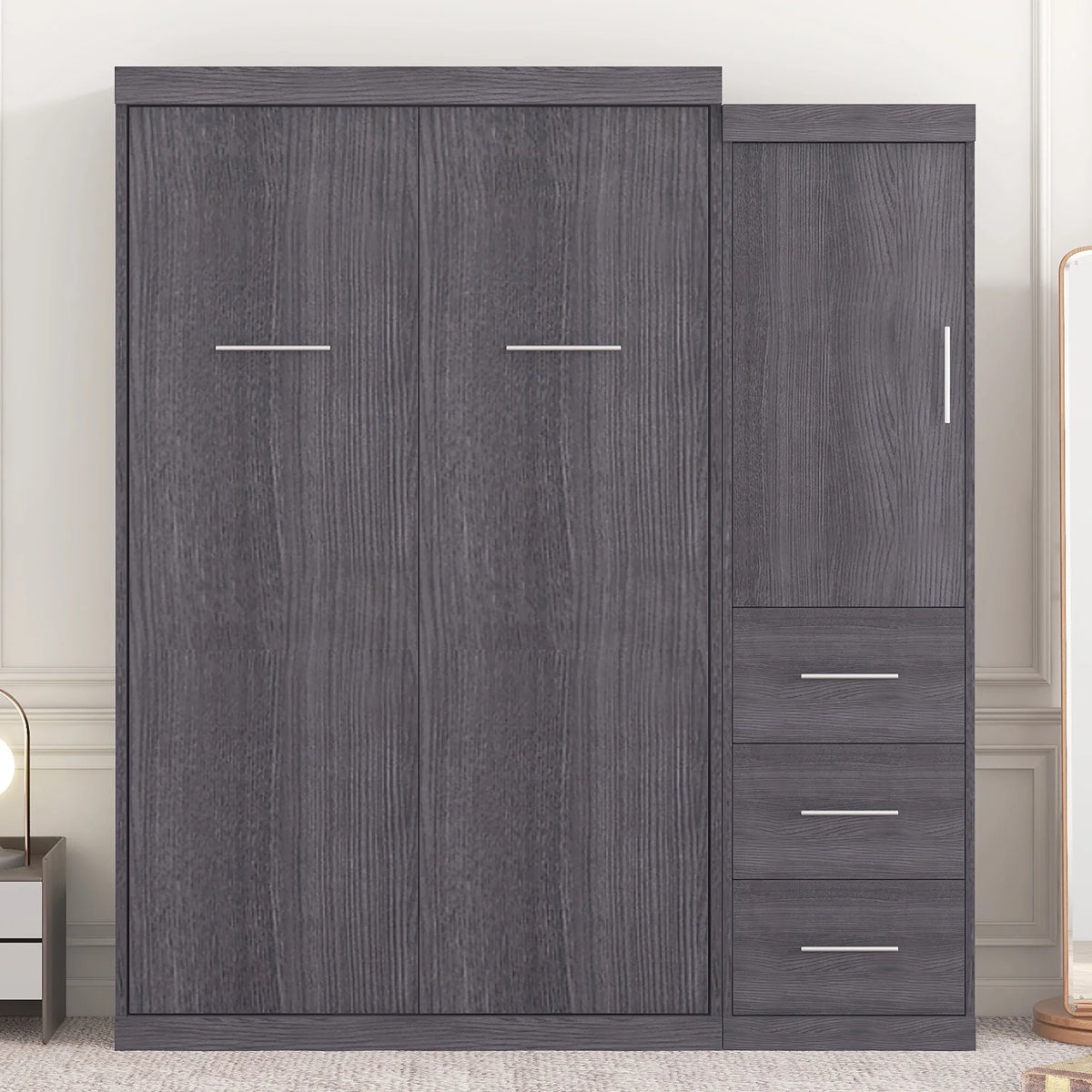 Euroco Wood Full Size Murphy Wall Bed with Wardrobe and Drawers for Living Room, Moveable Wardrobe and Drawers, Space-Saving & Easy Open and Close for Kids Teens Adults, Gray